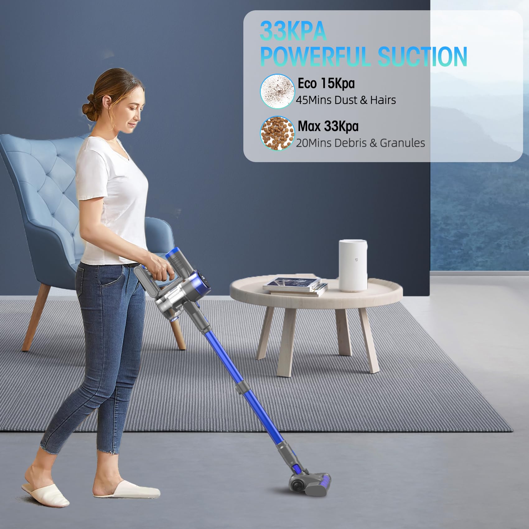 33KPA/400W Rechargeable Cordless Stick Vacuum Cleaner - 45 Min Runtime, 6-in-1 Lightweight Handheld Vacuum for Hard Floors, Carpets & Pet Hair | Perfect for Home, Car & Pet Owners | Quick Cleanups & Deep Cleaning