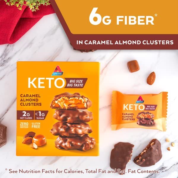 Atkins Caramel Almond Clusters - Gluten Free, High Fiber, Low Sugar (1g), Keto Friendly Snack - 2g Net Carbs, 20 Count - Perfect for Keto Diet, Weight Loss & Healthy On-the-Go Snacking
