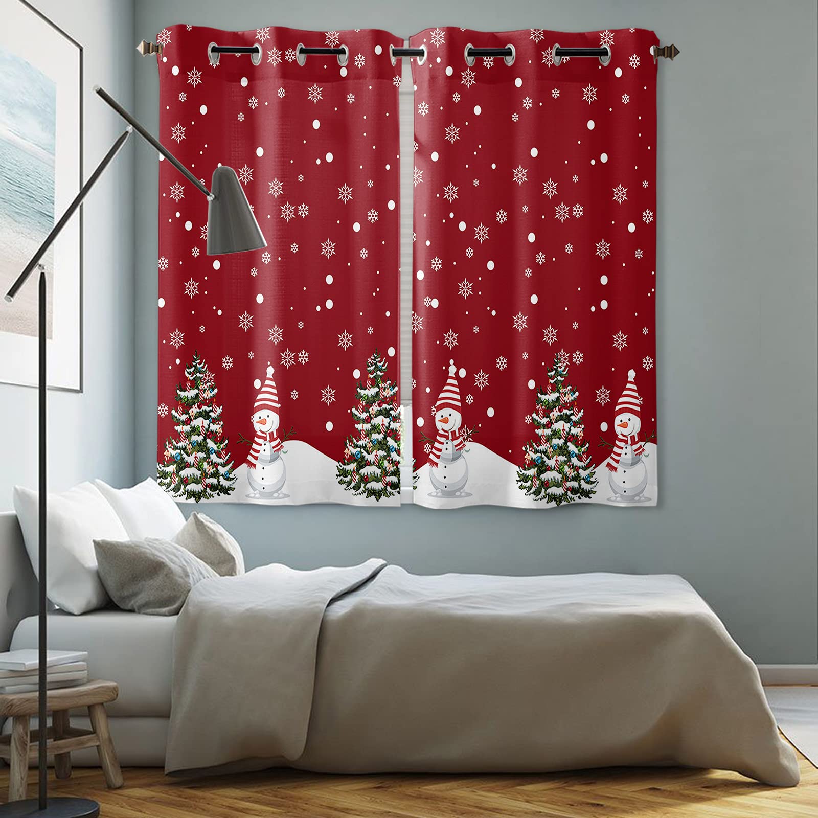 LibaoGe Red Christmas Window Curtains - Snowman & Snowflake Semi-Sheer Holiday Drapes for Bathroom, Kitchen, Small Windows (80