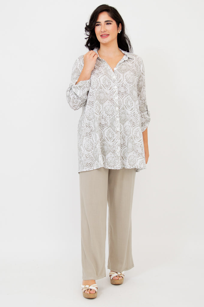Celine Women's Mosaic Print Linen Bamboo Blouse - Elegant & Comfortable Top for Casual Wear, Office & Summer Outfits