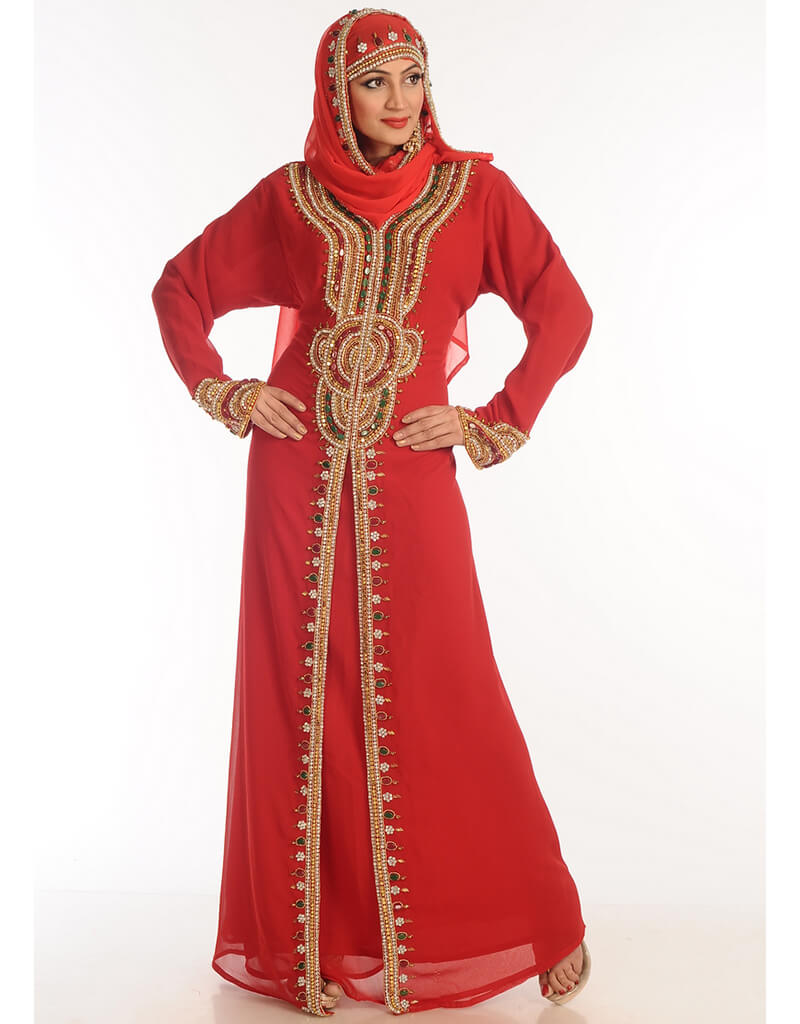Elegant Arabic Red Georgette Kaftan with Hand Zari Embroidery - Perfect for Weddings, Parties & Special Occasions
