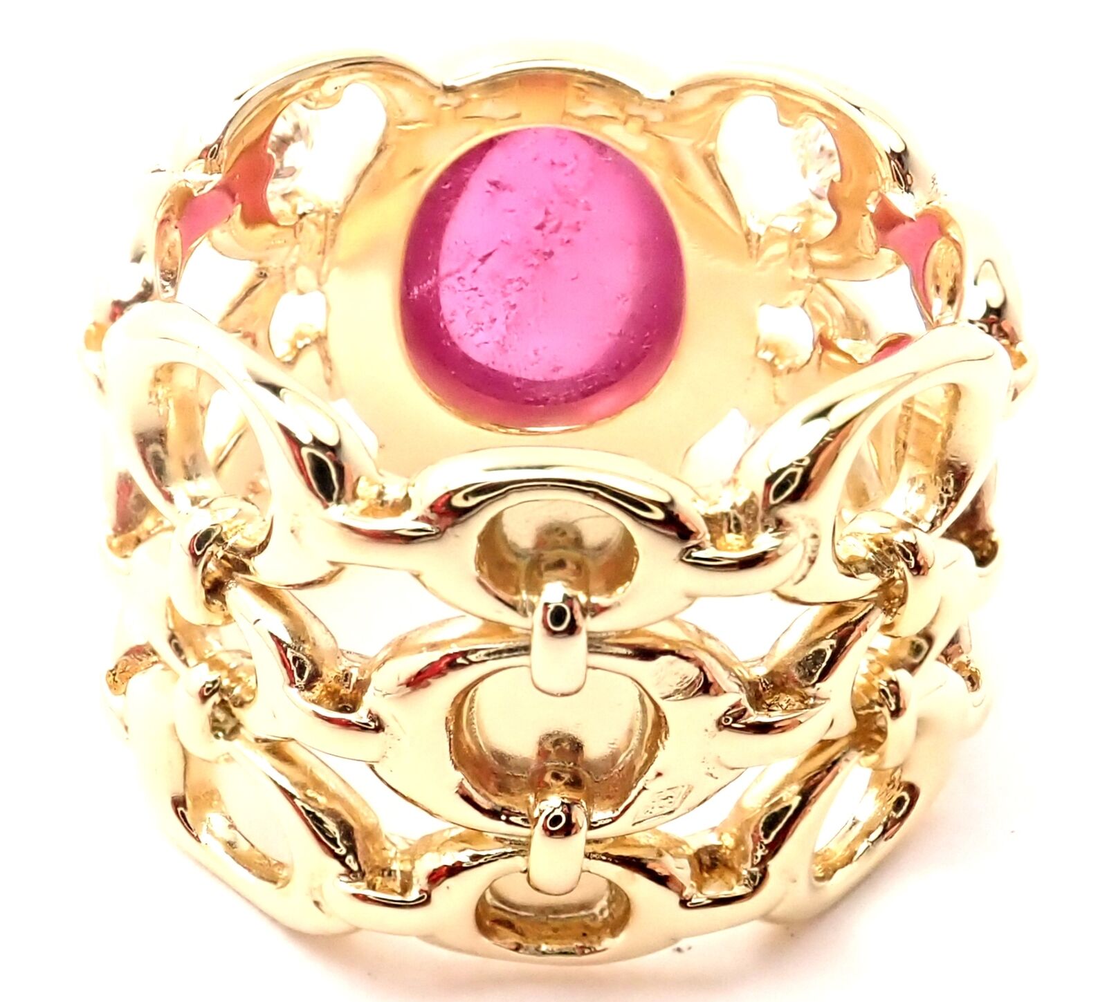 Authentic Christian Dior 18K Yellow Gold Diamond Pink Tourmaline Band Ring for Women - Luxury Fashion Jewelry Gift for Anniversary, Valentine's Day & Special Occasions