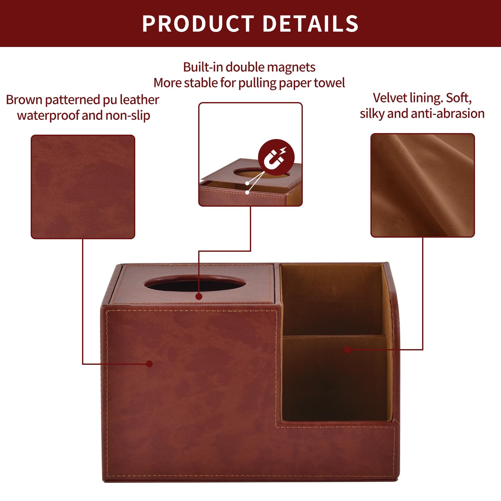 PU Leather Square Tissue Box Cover with Storage - Multifunctional Tissue Holder & Remote Control Organizer - Decorative Home & Office Desk Accessory (Brown) - Perfect for Living Room, Bedroom, and Workspace Organization
