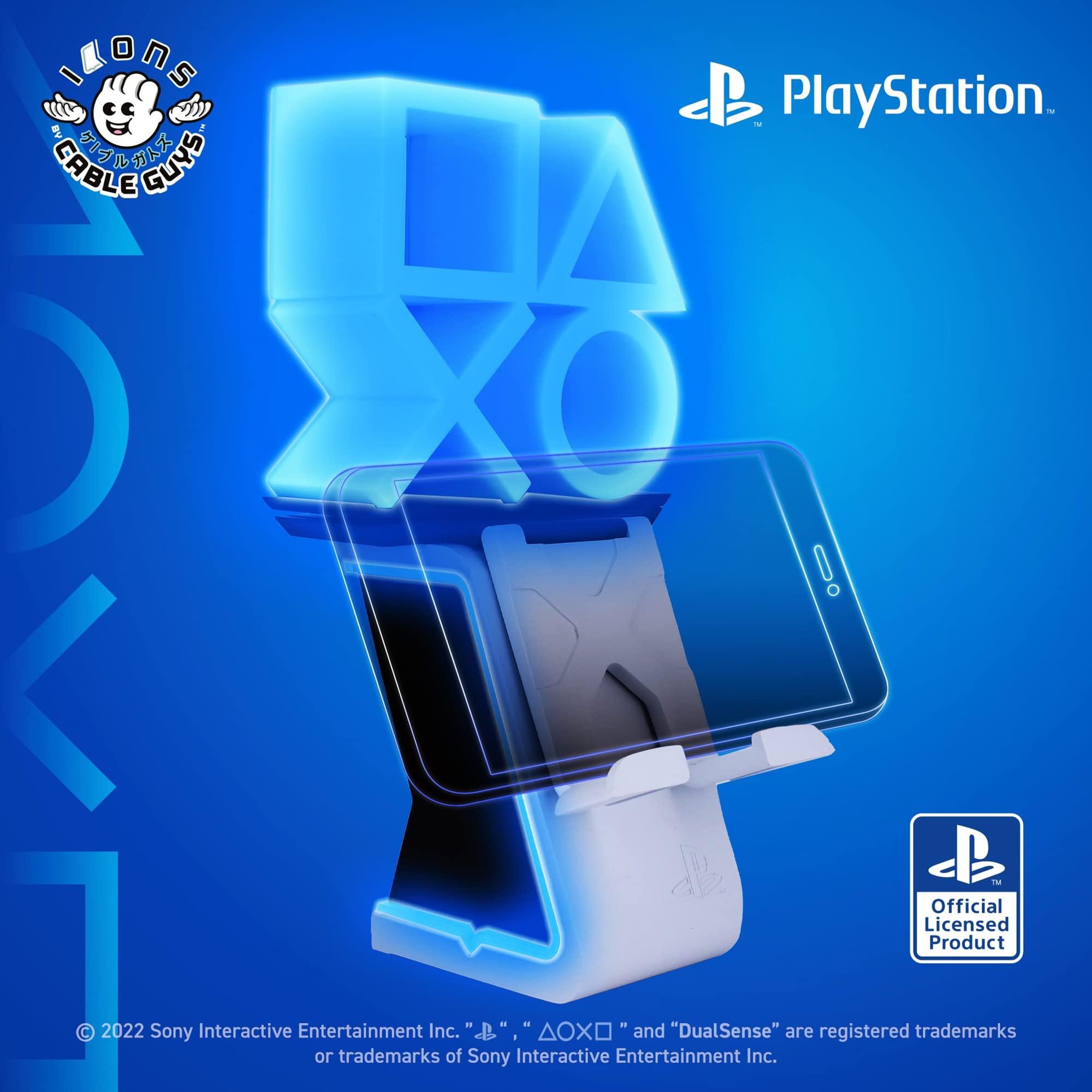 PlayStation Logo LED Gaming Phone & Controller Charging Holder with 4' Cable - Light Up Stand for PS5, Xbox, Mobile Devices - Perfect for Gaming Setups & Nighttime Charging (CGIKPS400452)