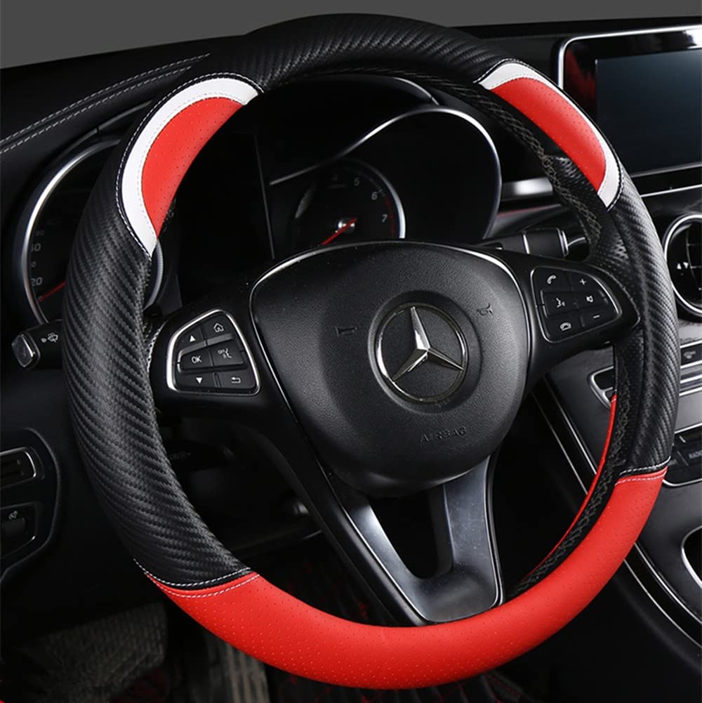 Premium Carbon Fiber Leather Steering Wheel Cover - Universal Fit, Soft & Breathable - Moyishi Bear Design (Red) - Enhance Grip & Comfort for Cars, SUVs, Trucks