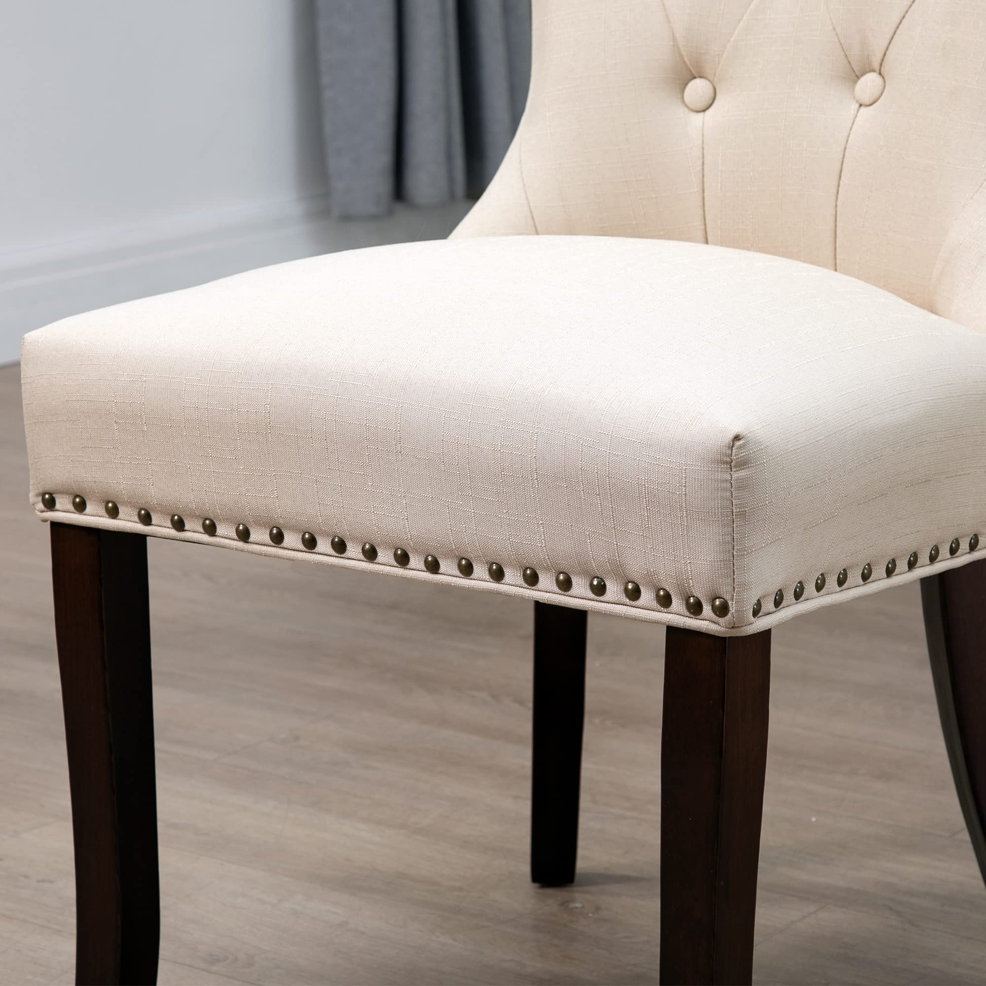DAGONHIL Fabric Dining Chairs Set of 2 - Tufted Upholstered Solid Wood Accent Chairs with Nail Heads & Buttons for Dining Room & Living Room - Beige - Perfect for Home, Office, and Restaurant Decor