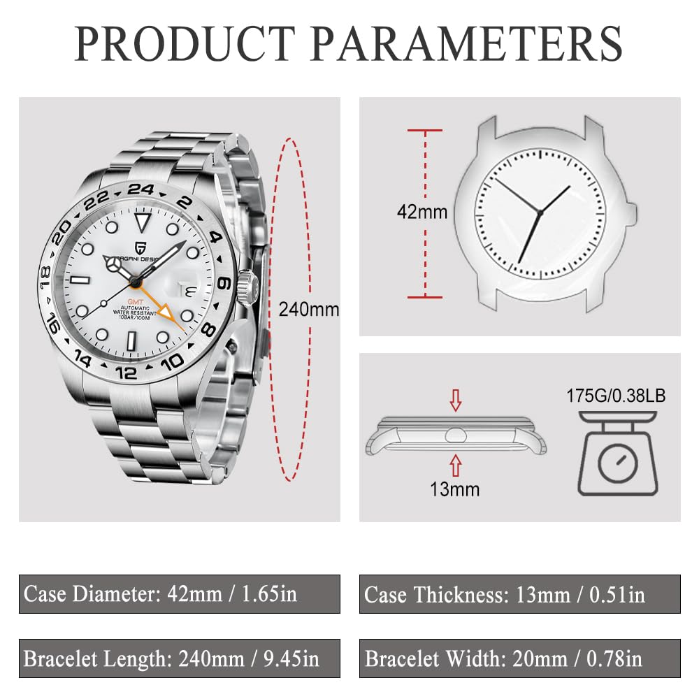 Pagani Design Men's Automatic GMT Watch - 42mm Stainless Steel Case, Sapphire Crystal, Waterproof & Luminous - Sport Wristwatch for Business, Travel & Outdoor Activities