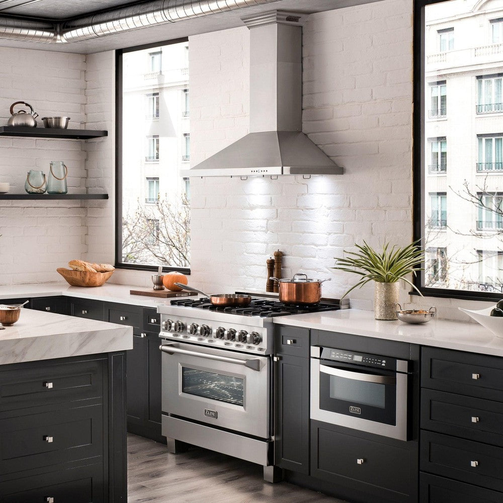 ZLINE CrownSound Ducted Vent Wall Mount Range Hood - Stainless Steel with Built-in Bluetooth Speakers (KBCRN BT) | Modern Kitchen Ventilation for Cooking & Entertainment