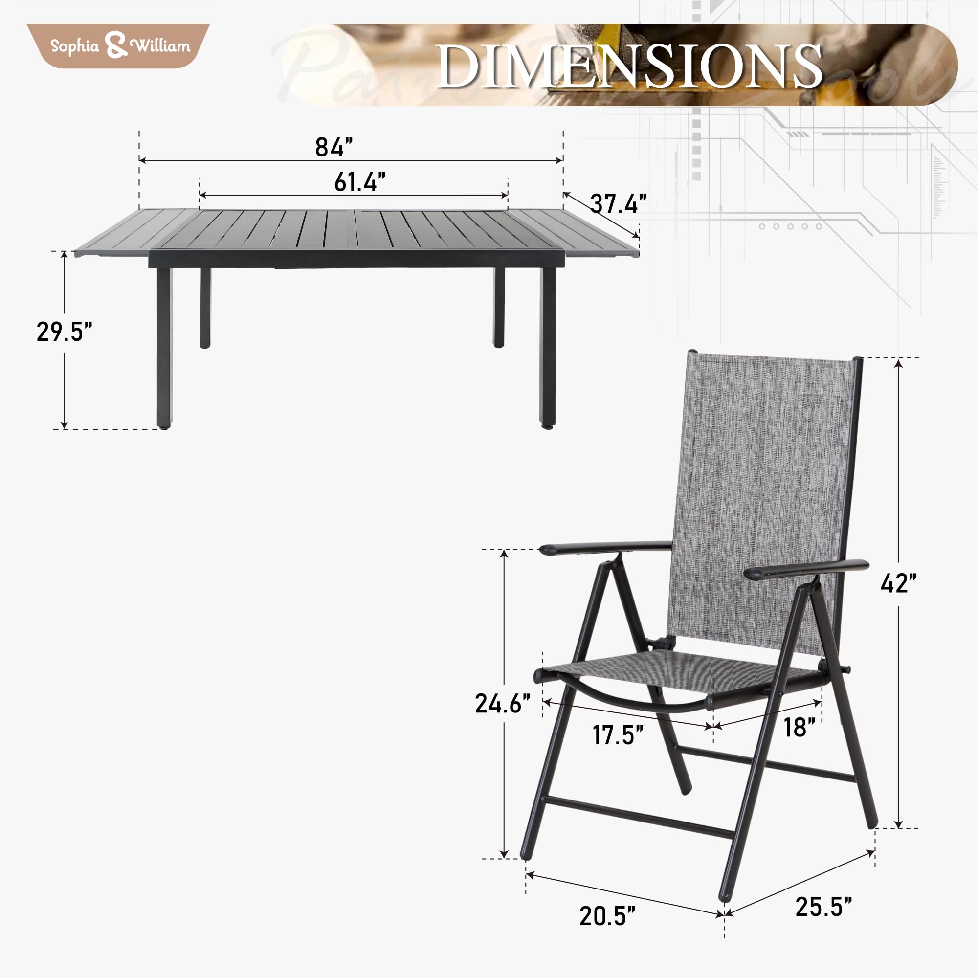 Sophia & William 8-Piece Expandable Outdoor Dining Set - Metal Patio Table & 8 Foldable Textilene Chairs (Grey) - Perfect for Backyard BBQs, Poolside Gatherings & Garden Parties