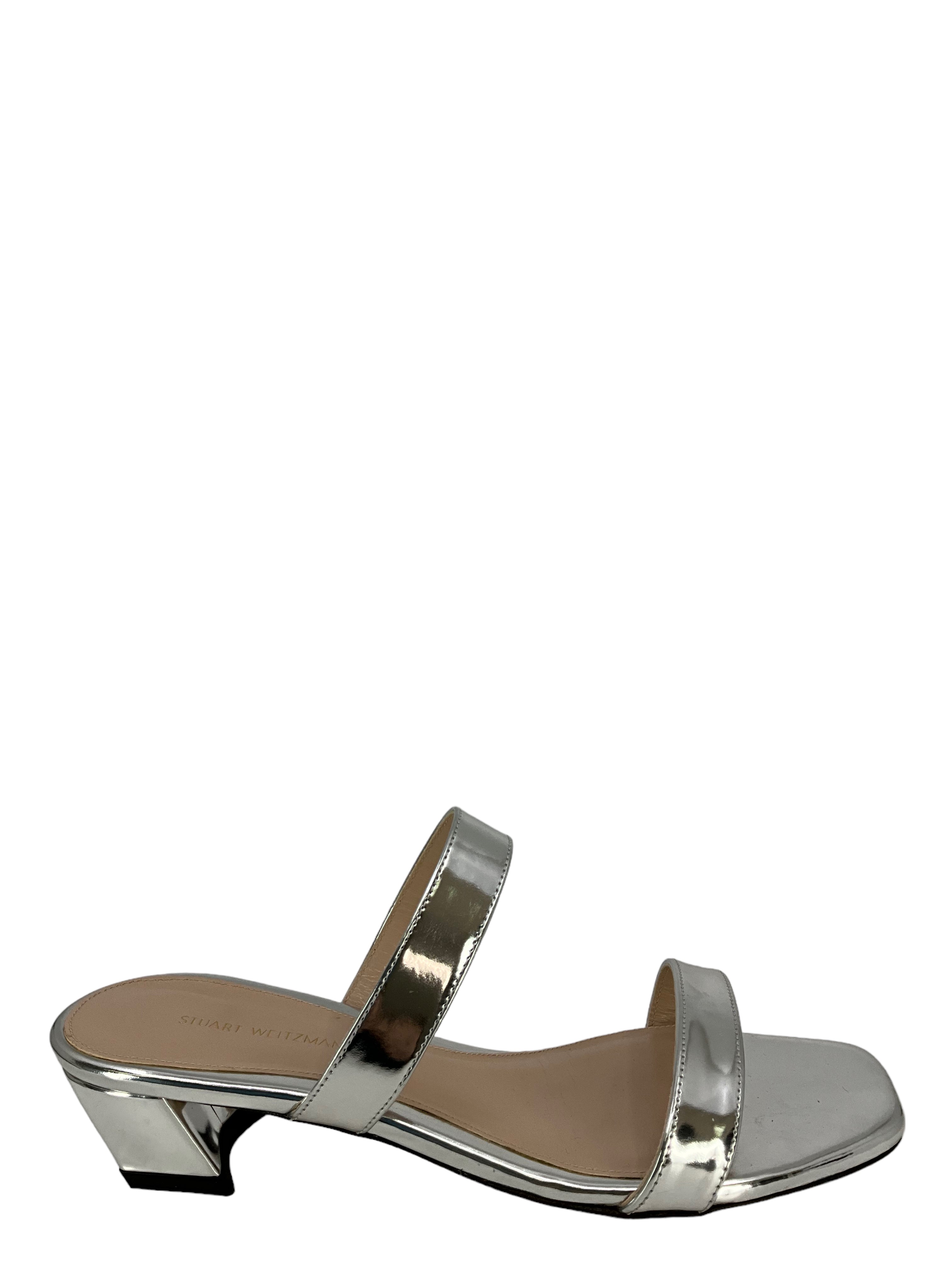 Stuart Weitzman Women's Silver Patent Leather Sandals Size 8 | Comfortable Dressy Heeled Sandals for Weddings, Parties & Summer Outfits