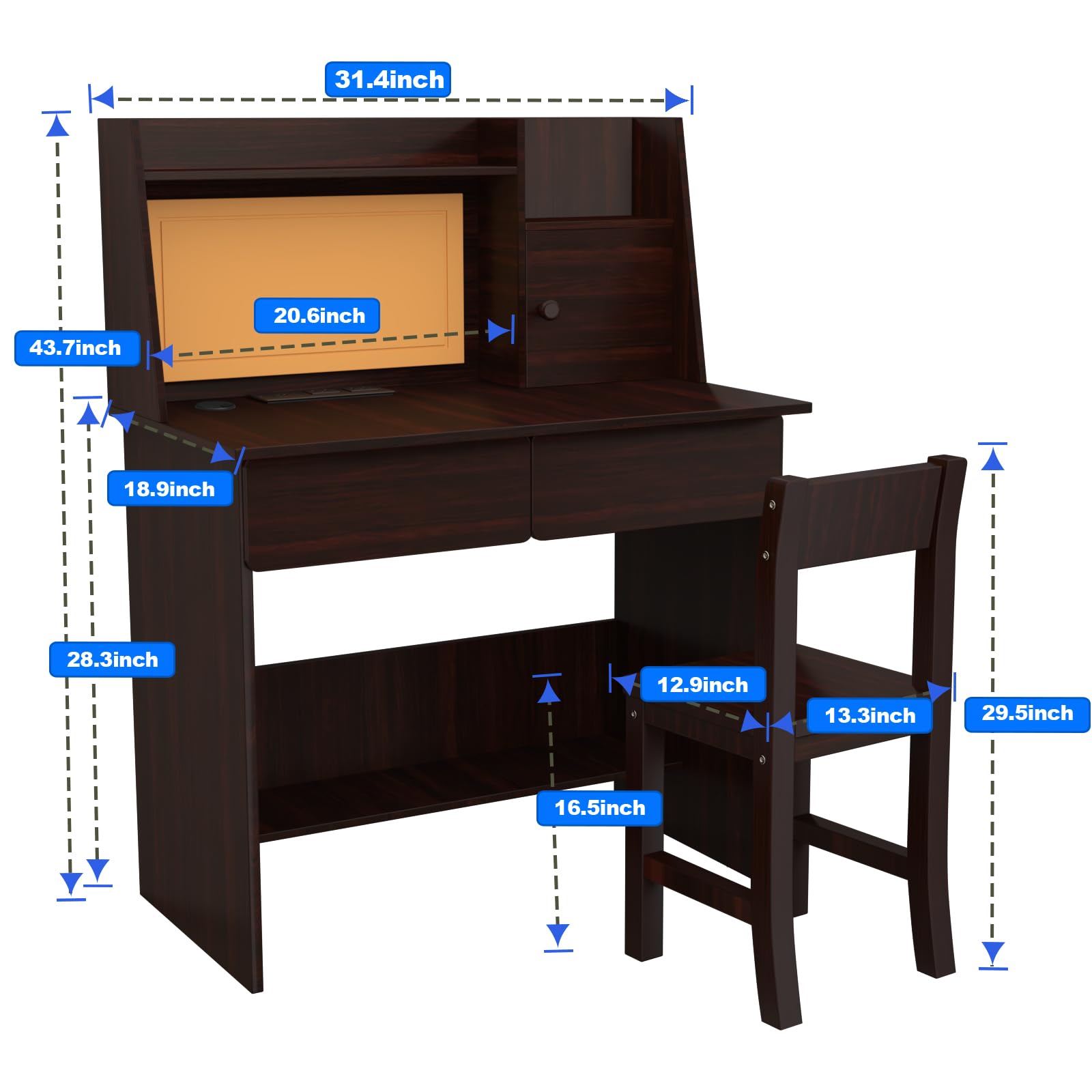 Kids Study Desk with Drawers & Storage Shelf - Espresso Wooden Computer Desk & Chair Set for Children Ages 5-12 - Study Table with USB Charging Station - Perfect for Homework, Online Learning & Bedroom Organization