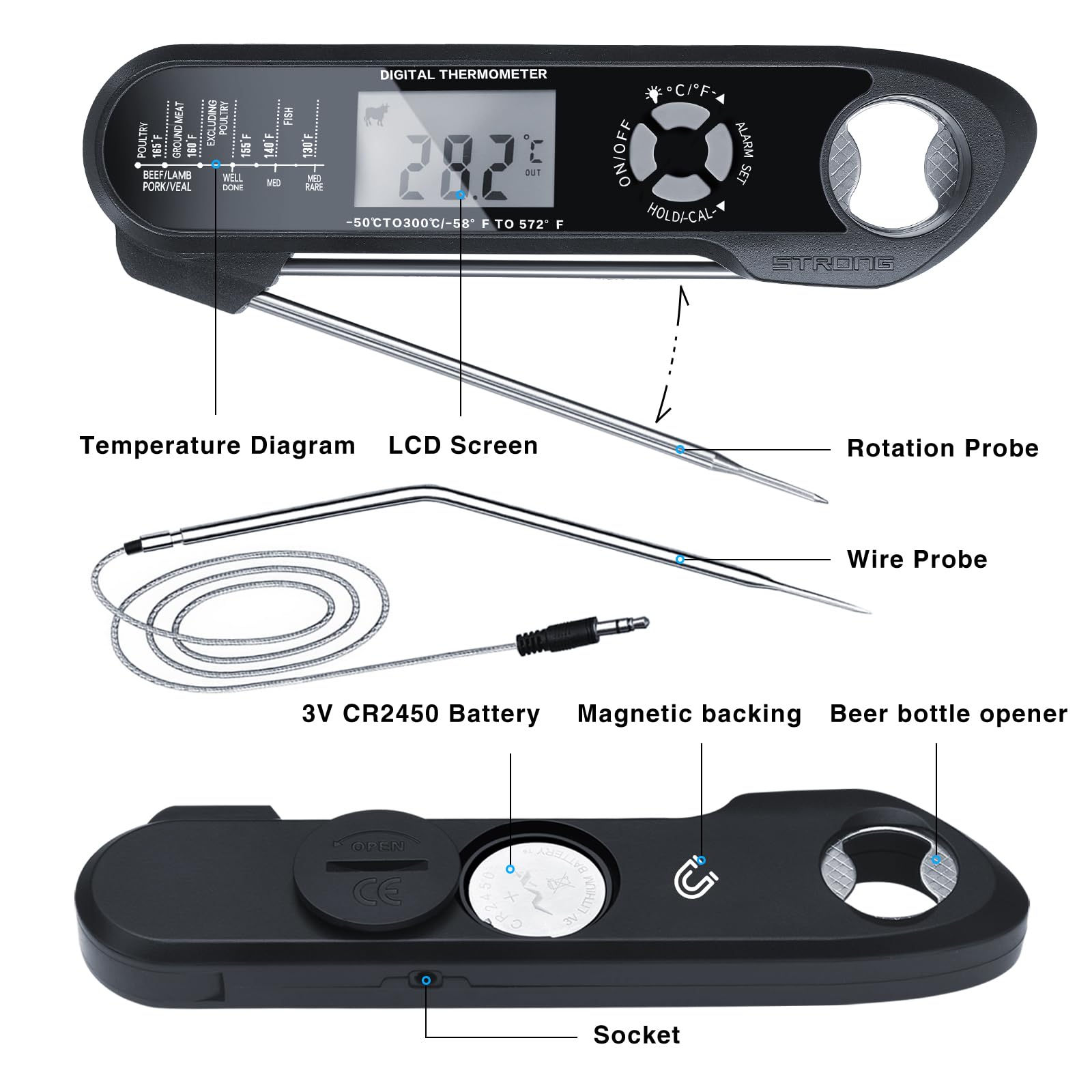 **Digital Meat Thermometer with Long Probe - Instant Read, High Temp Resistance, Alarm & Backlit Display - Perfect for Grilling, BBQ, Smoking, Oven & Rotisserie Cooking - Essential Kitchen Gadget**