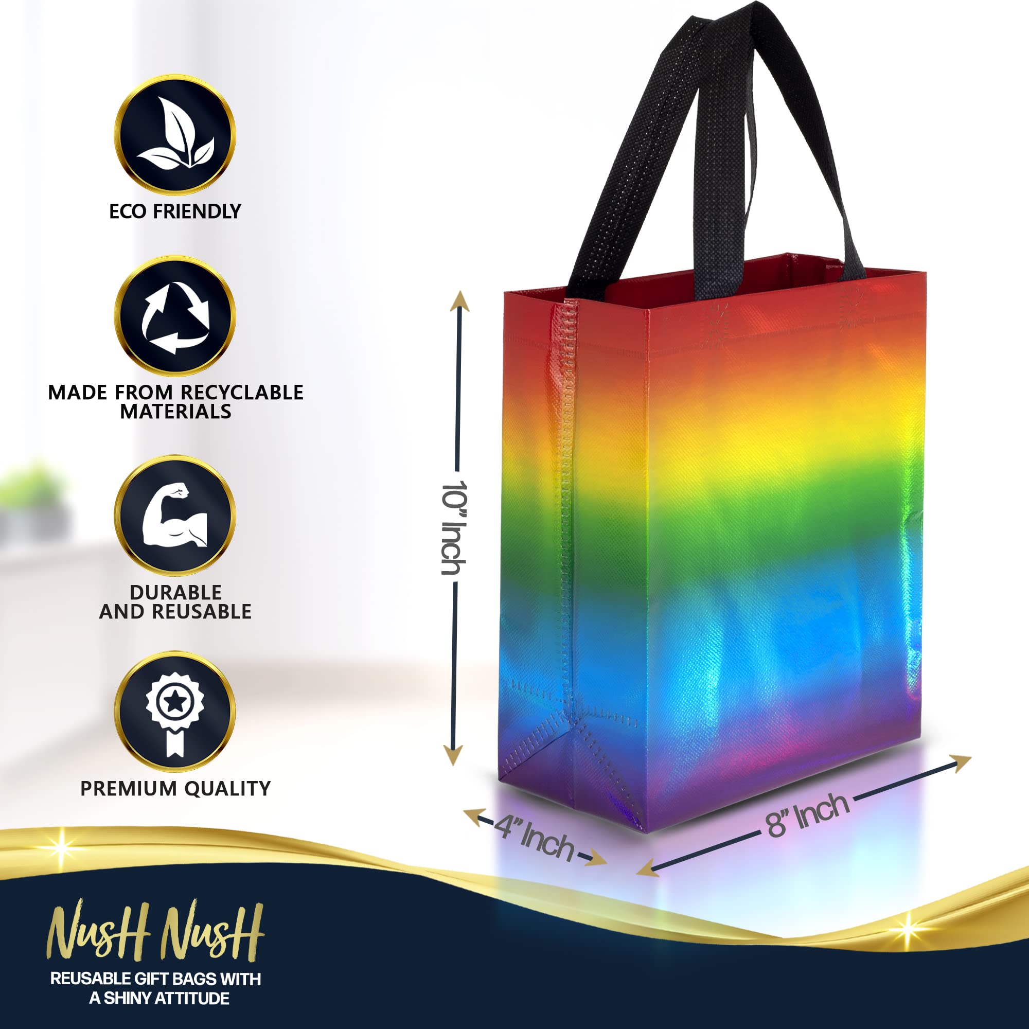 Nush Nush Holographic Rainbow Gift Bags - Set of 12 Reusable Party Favor Bags with Handles (8x4x10 Inches) - Perfect for Birthday Parties, Baby Showers, Wedding Favors & Holiday Gift Giving