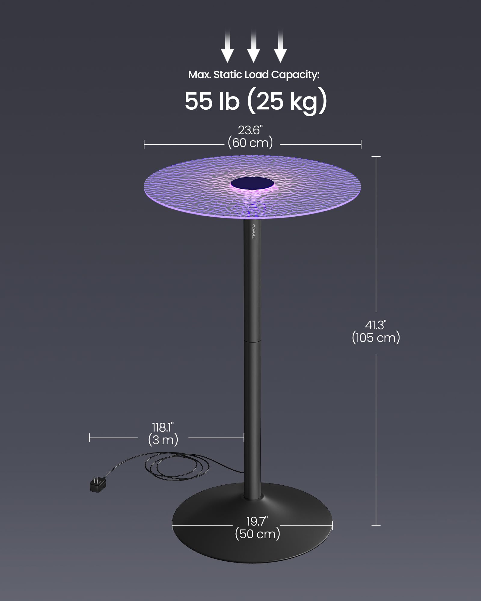 VASAGLE 2-Piece Round Bar Table Set with LED Lights, Glass Top & Sturdy Steel Base - 41.3