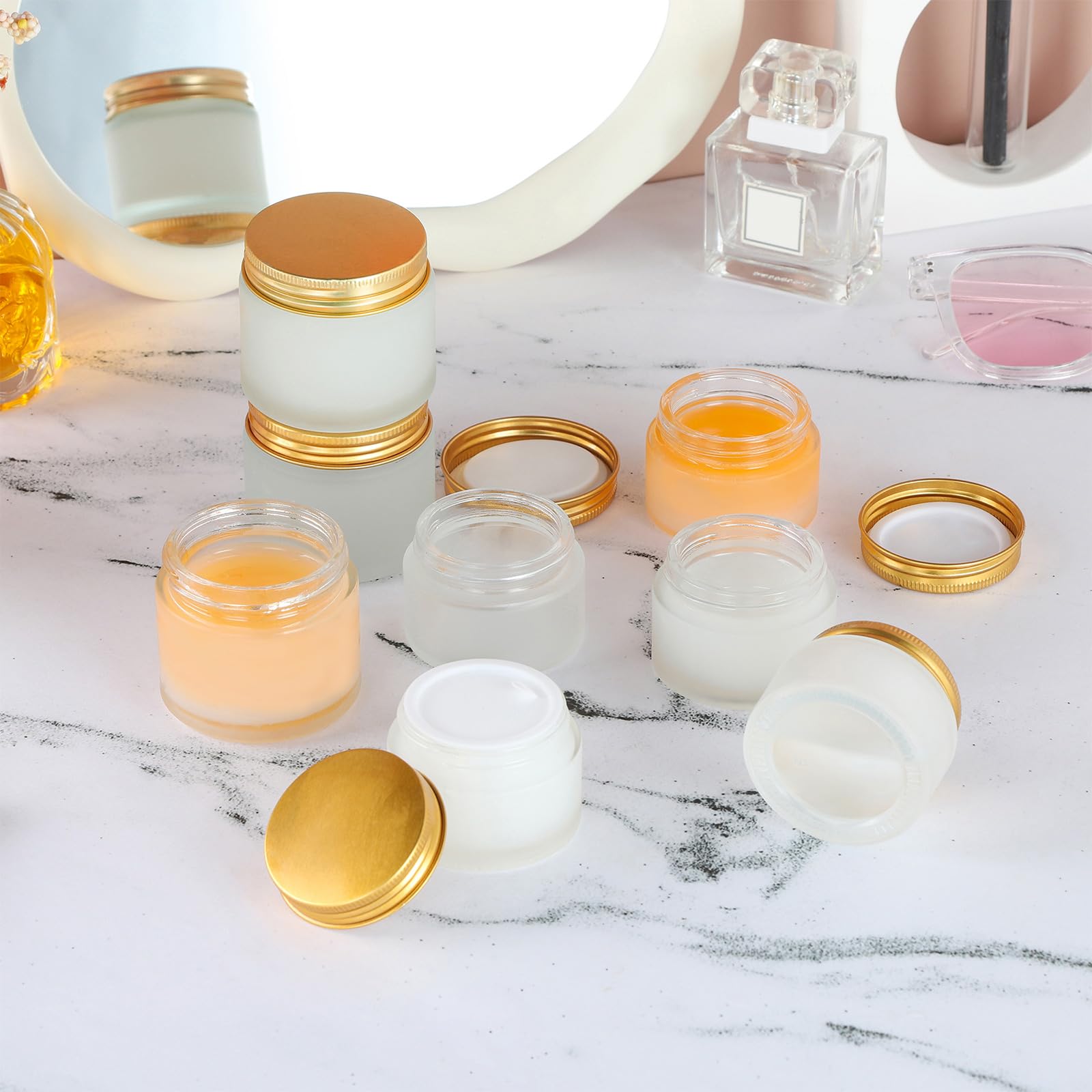 12-Pack 1oz Glass Jars with Golden Lids - Frosted Cosmetic Containers with Inner Liners & Labels - Small Jars for Eye Cream, Lotion, Scrub (Perfect for DIY Beauty Products, Travel Toiletries & Skincare Storage)