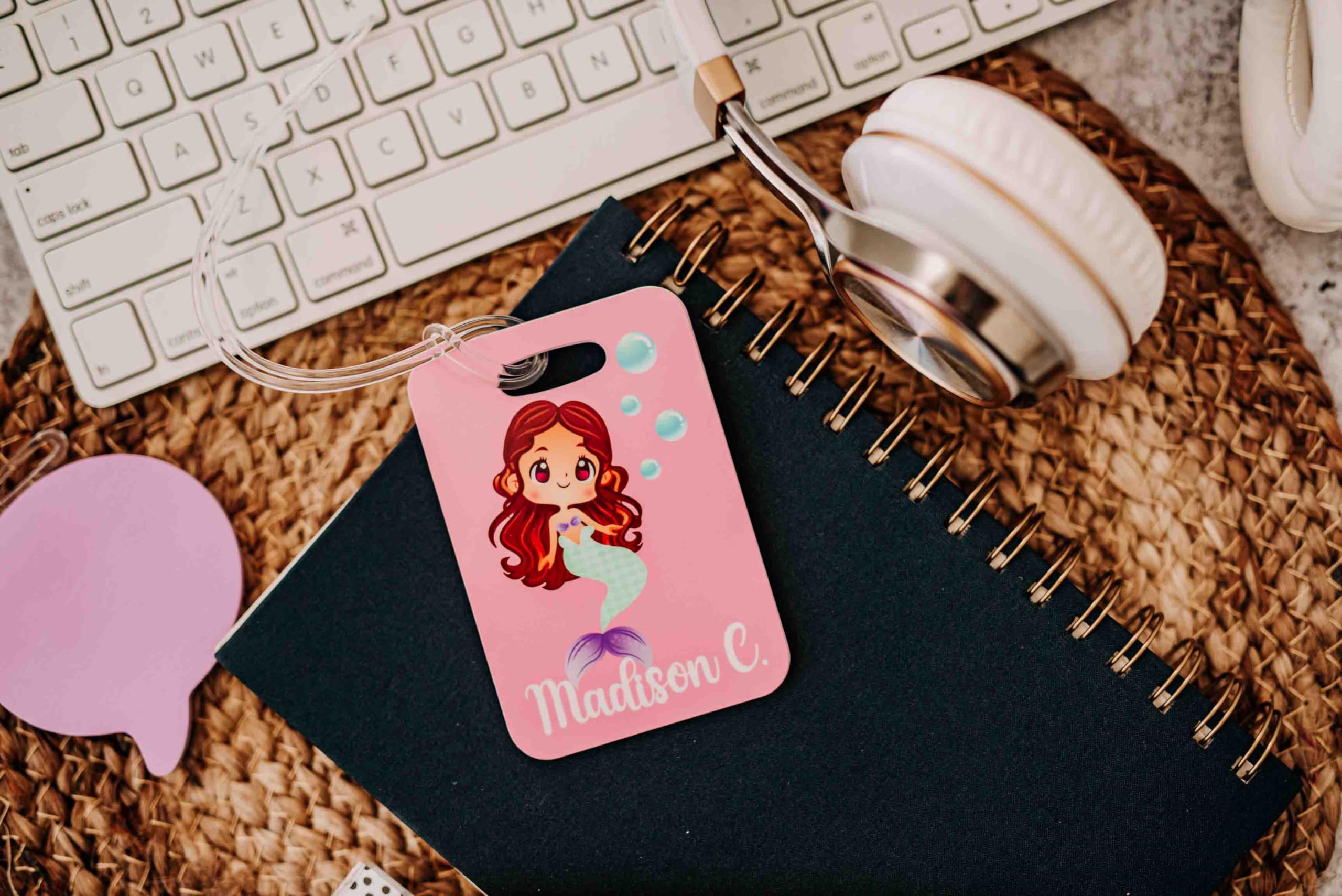 **Personalized Mermaid Backpack Name Tag for Girls - Adjustable Strap, Kids Luggage ID, Cute Christmas Gift (Design #4) - Perfect for School, Travel & Birthday Presents**