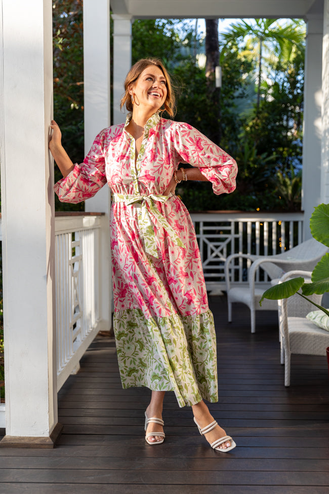 Grow Together Multi Colorblock Floral Midi Dress - Women's Summer Boho Floral Print Dress for Beach Vacation, Date Night & Outdoor Parties