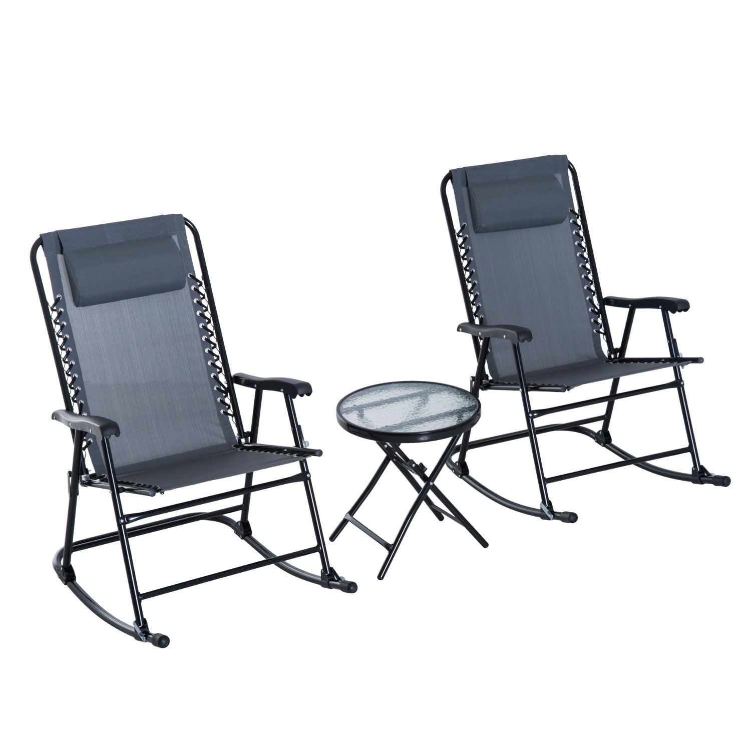 Outsunny 3-Piece Outdoor Rocking Bistro Set - Grey Patio Furniture with Folding Chairs & Glass Coffee Table for Garden, Deck, Backyard | Perfect for Relaxing, Entertaining & Outdoor Dining
