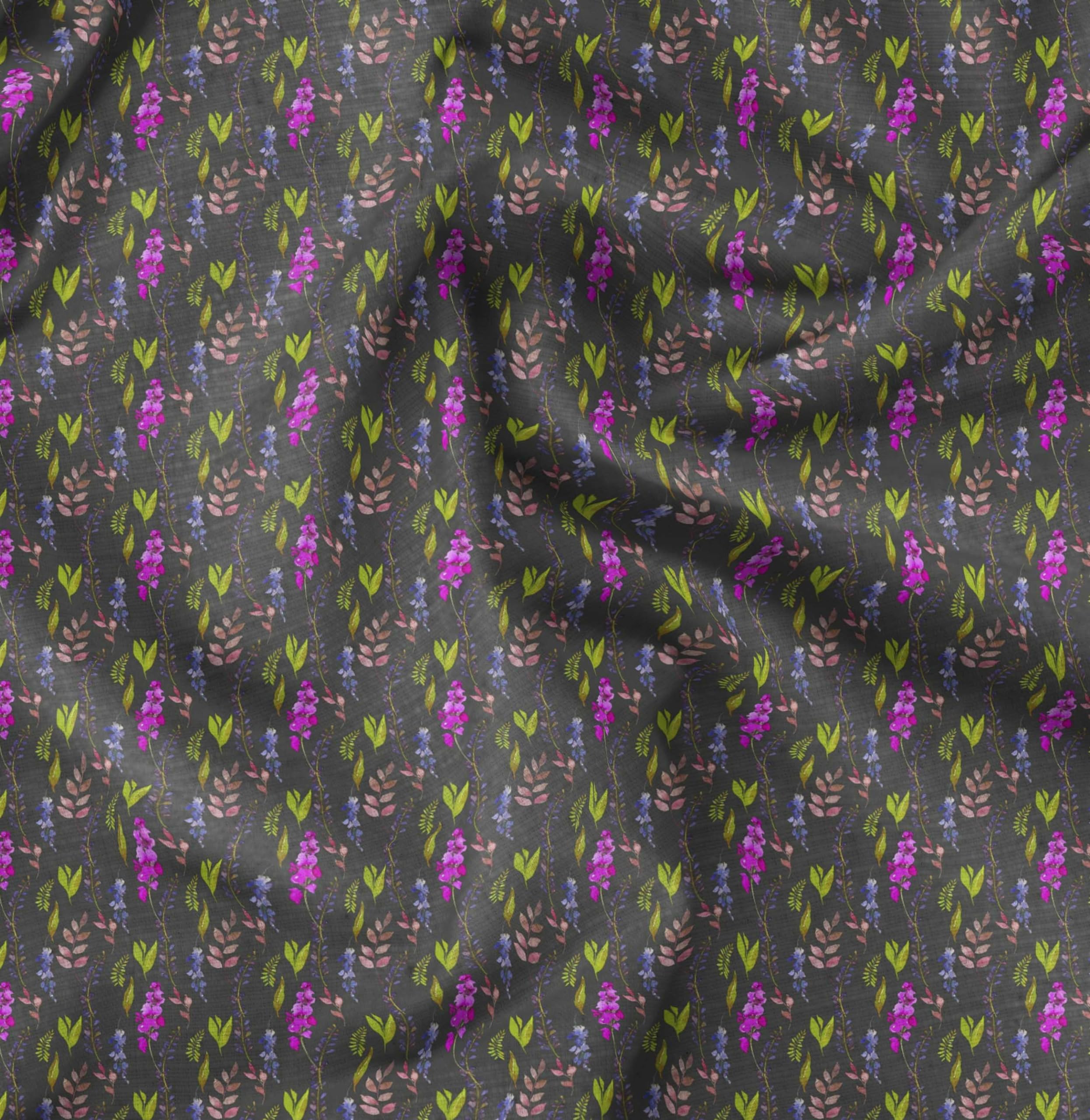 Soimoi Moss Georgette Gray Fabric by The Yard - 42 Inch Wide Leaves & Orchids Floral Printed Fabric for Dresses, Curtains & Home Decor - Tropical Botanical Fabric for DIY Sewing Projects