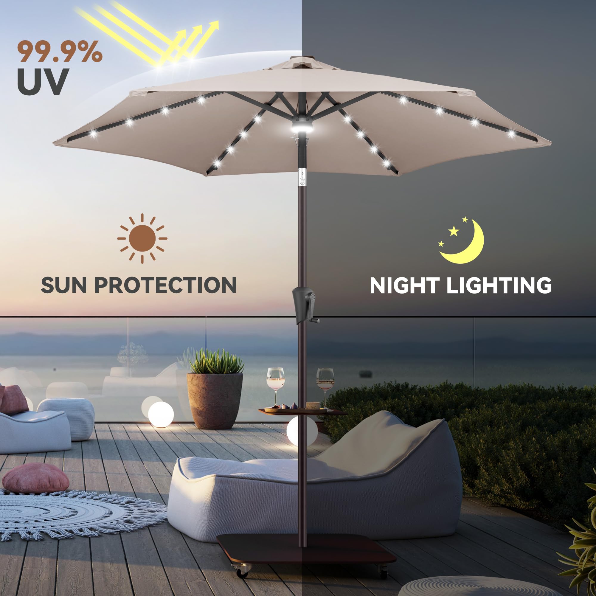 7.5ft Solar Powered LED Patio Umbrella with Tilt & Crank - Waterproof UV Protection Outdoor Table Umbrella for Pool, Garden, Deck, Backyard (Taupe) | Perfect for Summer Evenings, Outdoor Dining & Relaxation