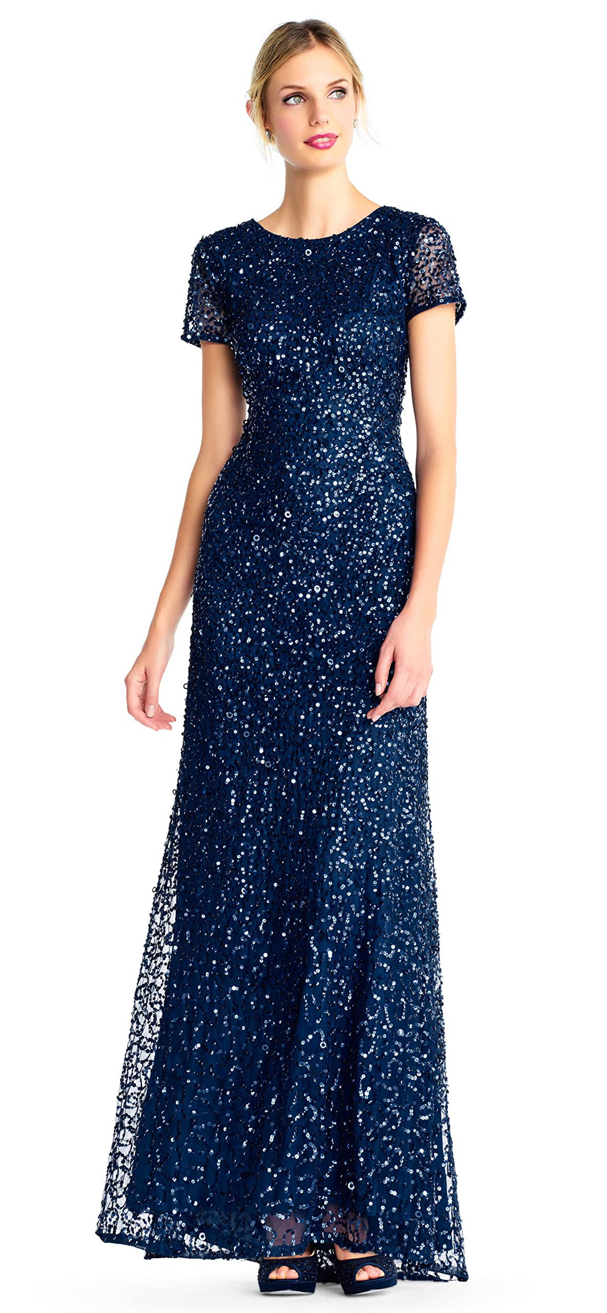 Adrianna Papell Women's Short-Sleeve Sequin Evening Gown - Sparkly Party Dress for Prom, Cocktail, Wedding & Special Occasions