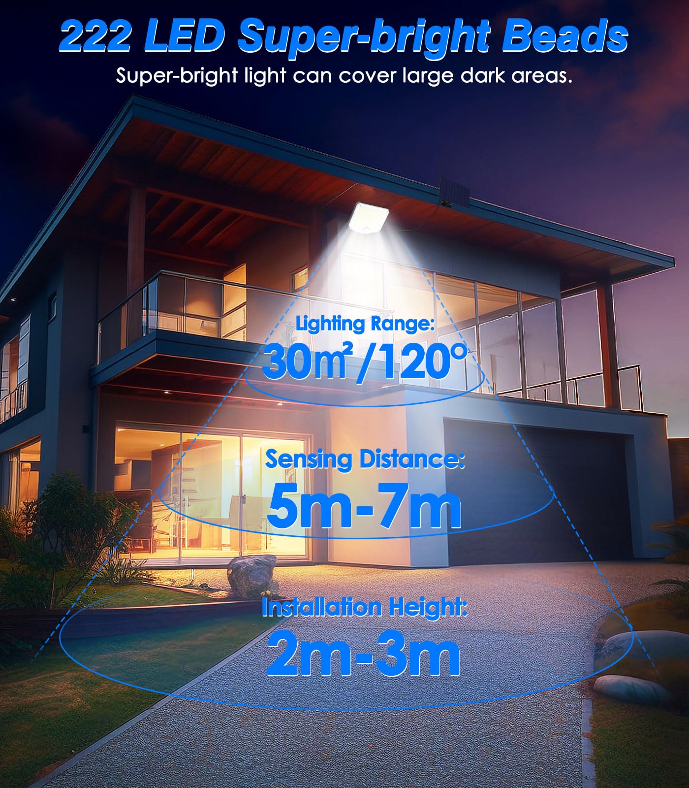 MoKo 222 LED Solar Motion Sensor Outdoor Lights - Super Bright Waterproof Flood Lights with Remote Control & 16.4 Ft Cable (3000mAh Battery) for Wall, Patio, Yard, Garage, Garden - 2 Pack - Perfect for Security Lighting and Landscape Illumination