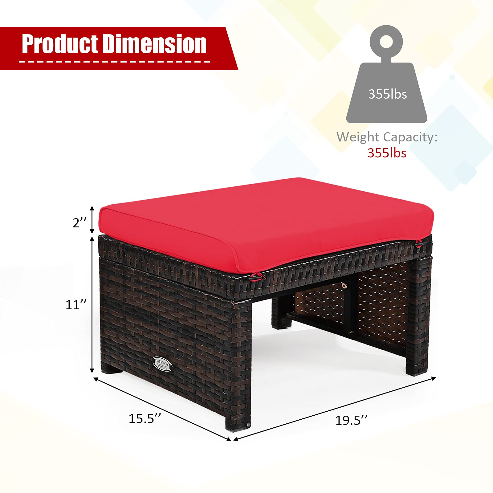 DORTALA 2-Piece Outdoor Wicker Ottoman Set with Cushions - PE Rattan Footrest Stool for Patio, Garden, Poolside, Living Room - Perfect for Relaxing, Lounging & Decor (Red)