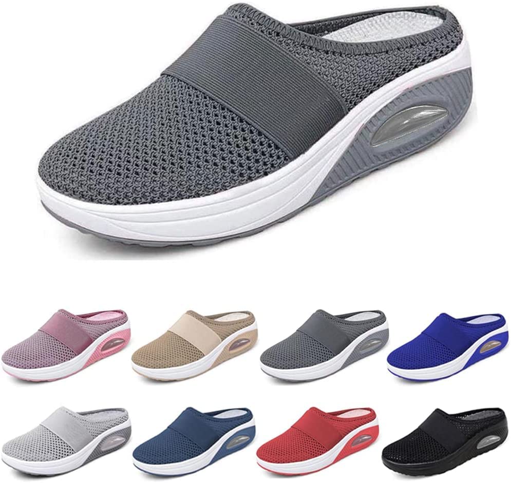 BIXUYAO Women's Air Cushion Slip-On Walking Shoes - Orthopedic Diabetic Sneakers with Arch Support, Breathable Platform Mule Shoes for Women | Dark Grey US 10.5 | Perfect for Walking, Travel & Everyday Comfort