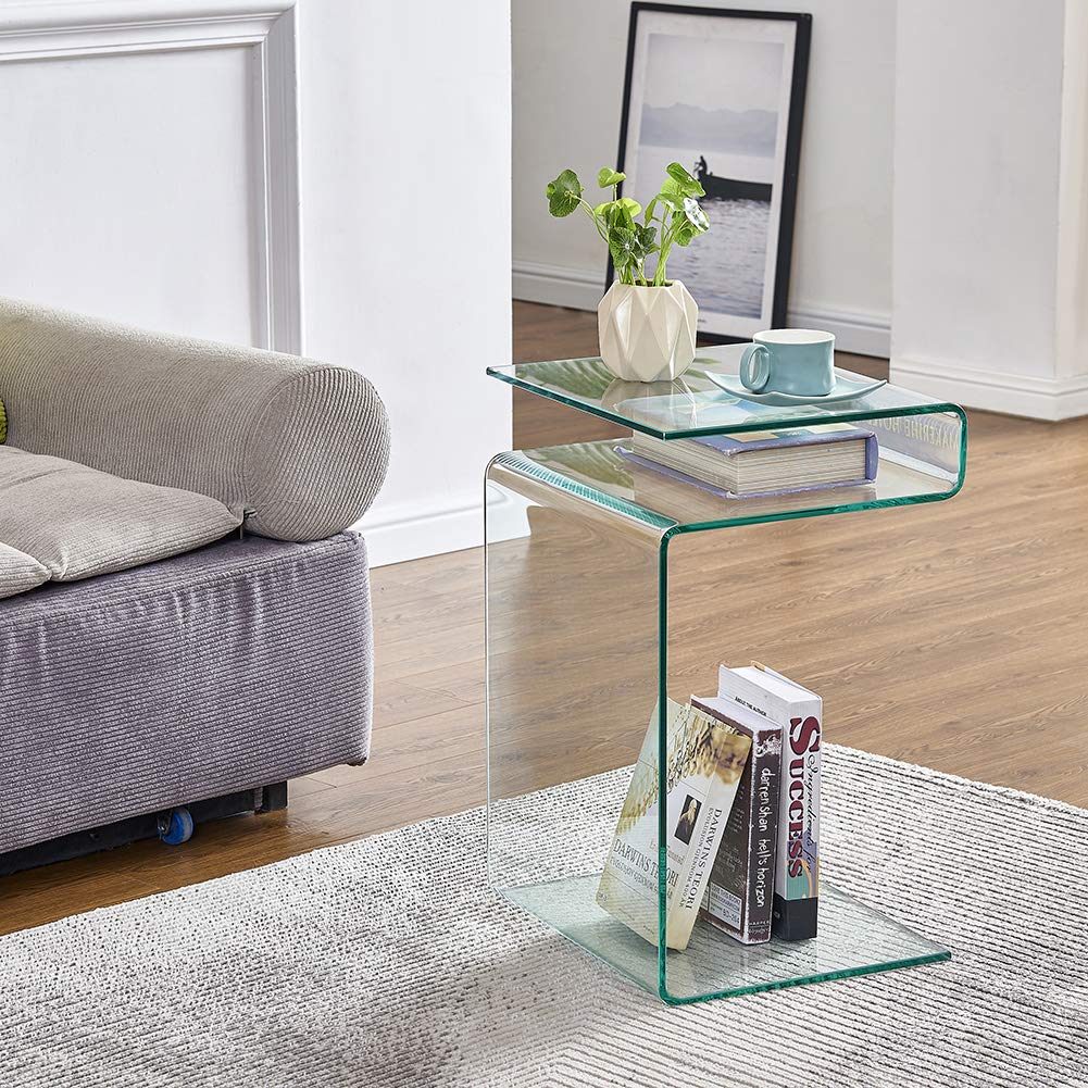 Modern S-Shaped Nightstand with Glass Top & Storage Shelves - Stylish Bedside Table for Bedroom, Compact End Table for Living Room - Perfect for Small Spaces, Apartments & Dorm Rooms