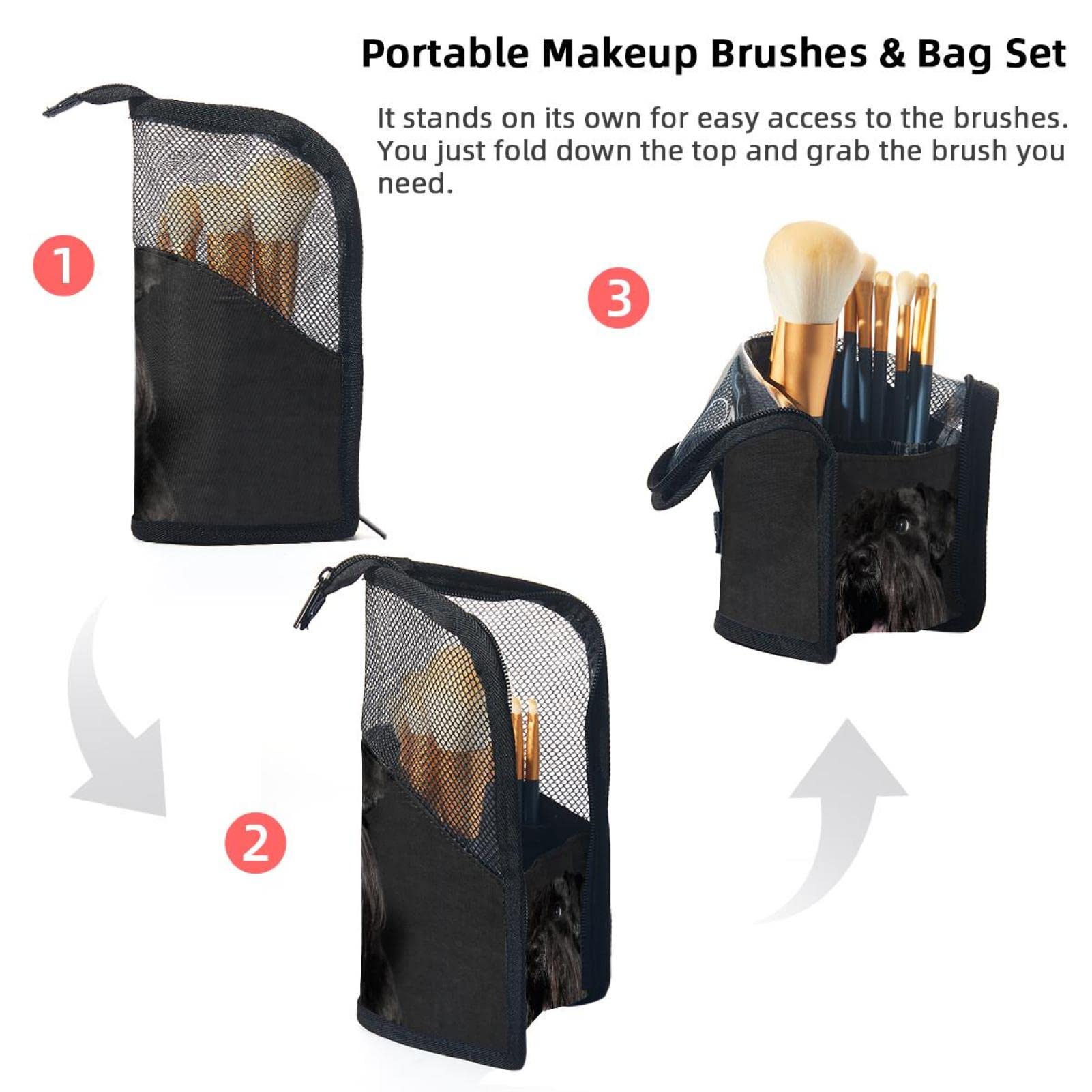 12-Piece Makeup Brush Organizer Bag with Schnauzer Dog Portrait - Portable Travel Cosmetic Brush Holder Case for Makeup Artists & On-the-Go Beauty Essentials