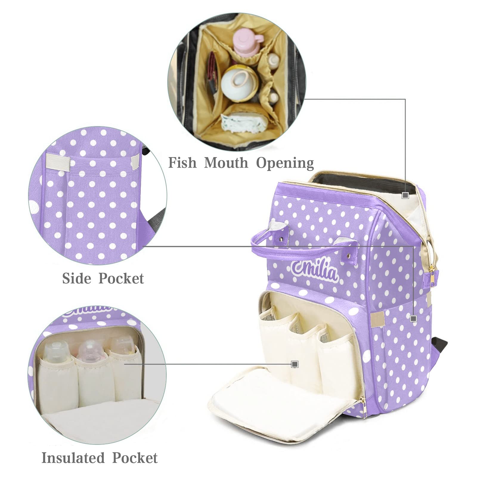 Custom Diaper Bag Backpack Tote - Butterfly Dots Purple, Personalized Baby Shower Gift for Moms, Large Travel Organizer for Diapers, Wipes & Essentials - Perfect for Nursery, Park Outings & Family Trips