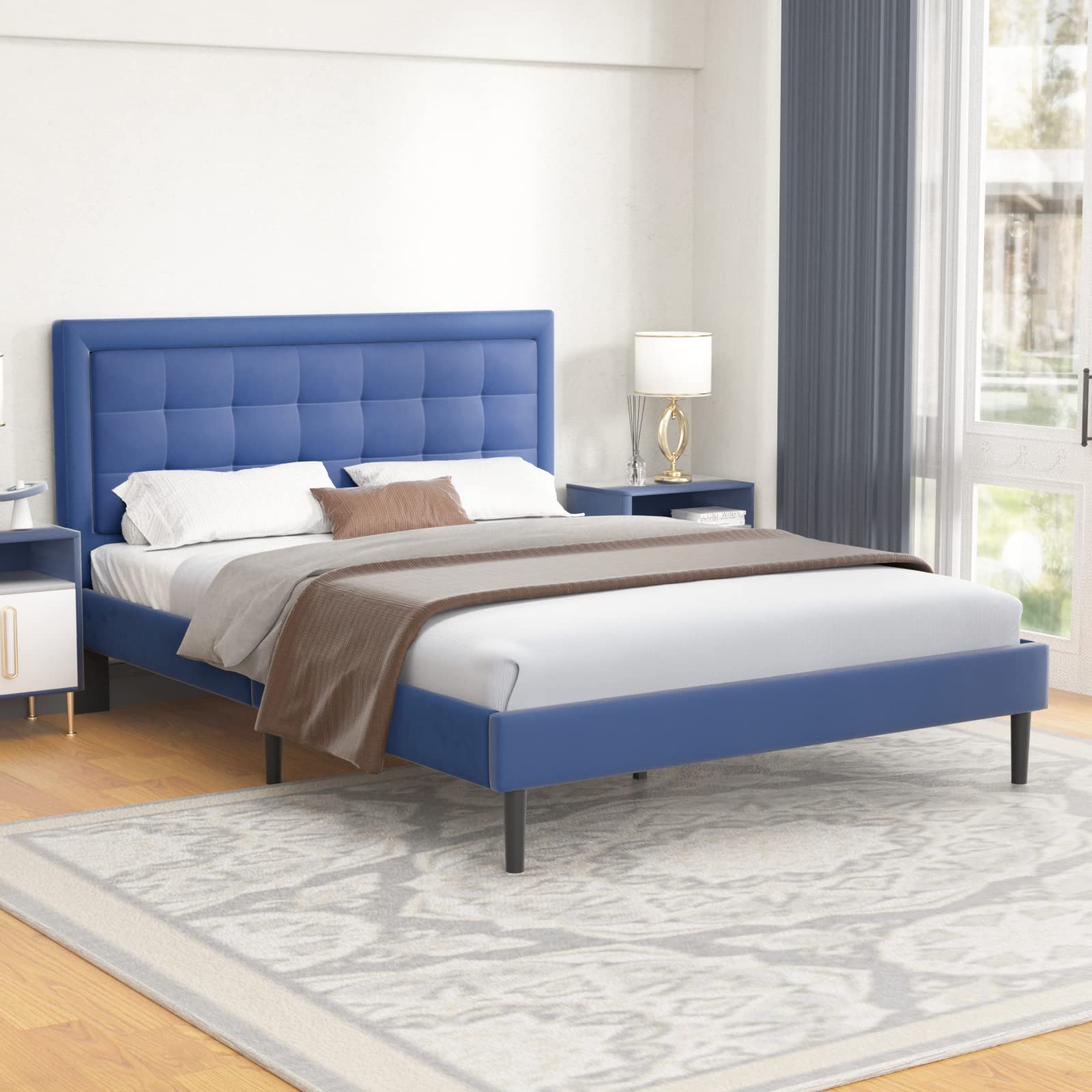 Queen Size Upholstered Platform Bed Frame with Button Tufted Headboard - Wood Slat Support, No Box Spring Needed - Blue Velvet Fabric - Easy Assembly Bedroom Furniture for Master Bedroom, Guest Room & Apartment