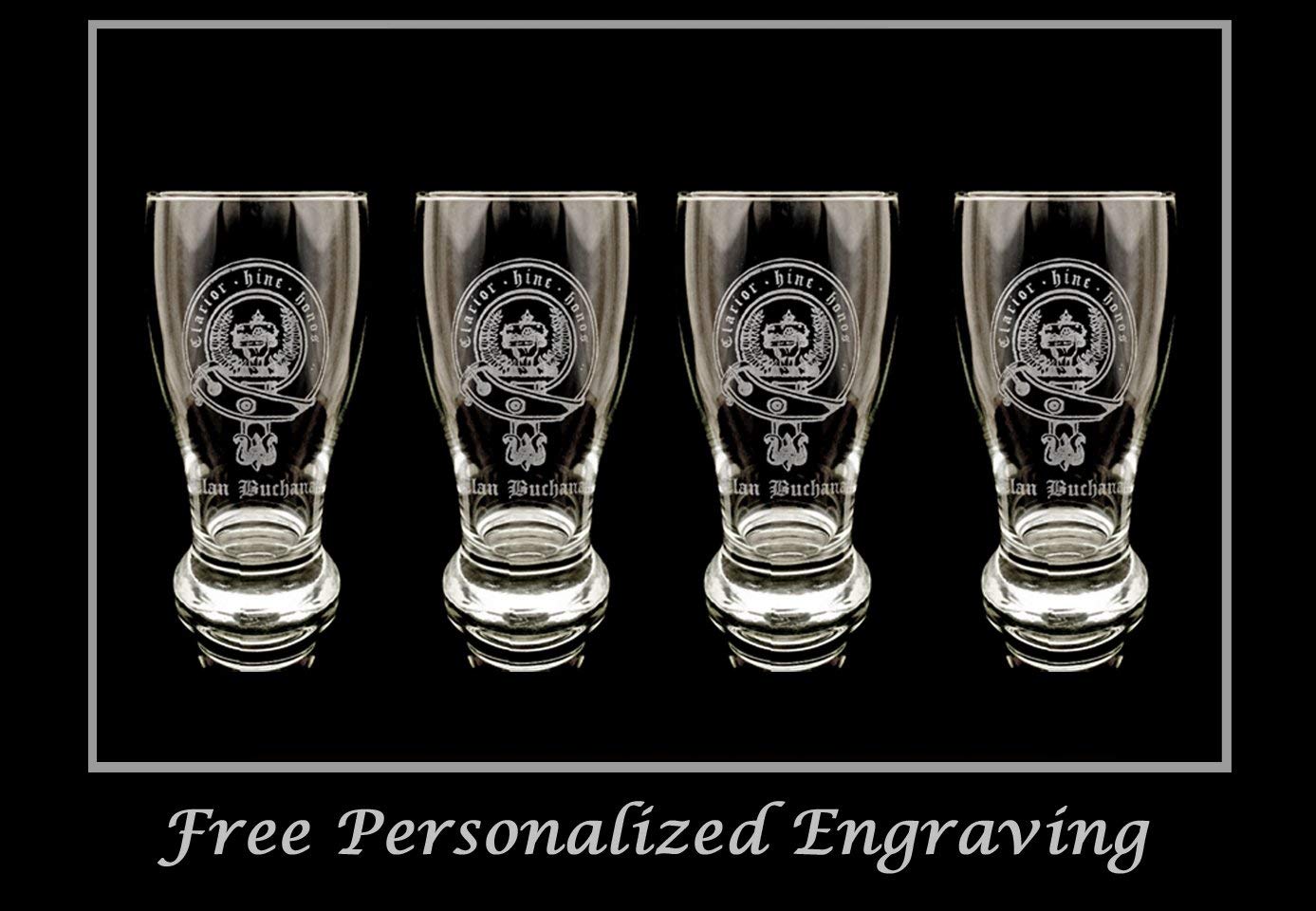 Clan Buchanan Scottish Crest Pint Glass Set of 4 - Personalized Engraved Family Crest Pub Beer Glasses for St. Patrick's Day, Scottish Weddings & Home Bar Decor