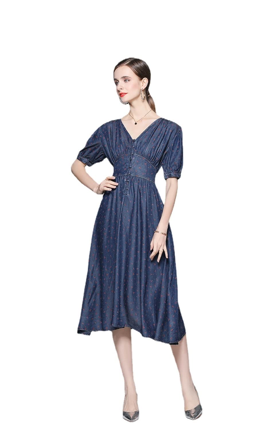 2022 Summer Women's Tencel Denim Dress - Slim Waist-Hugging Floral Print Casual Dress for Women | Perfect for Beach Vacations, Date Nights & Summer Outings