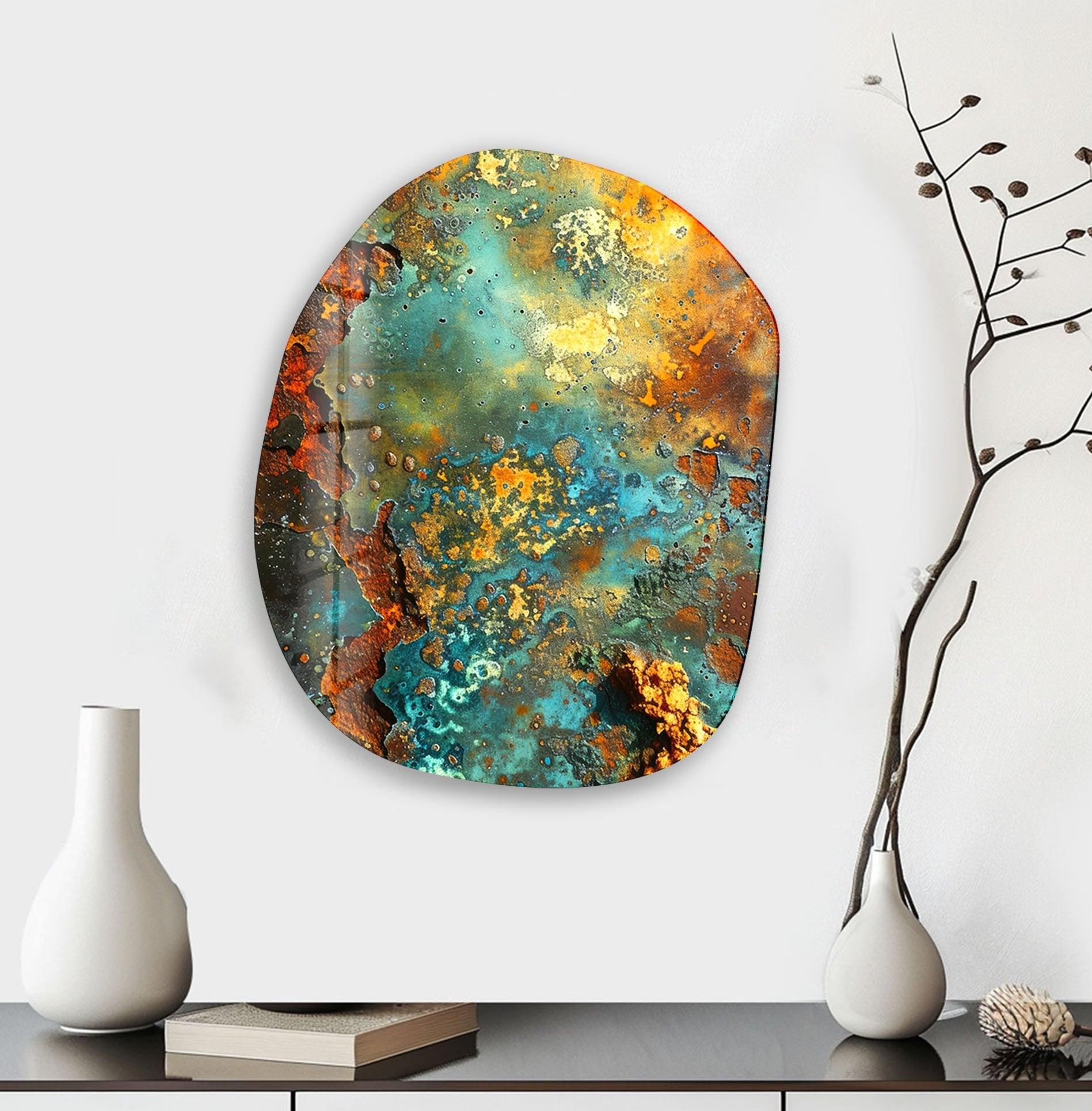 Abstract Green & Copper Oval Glass Wall Art - Modern Home Decor for Living Room, Bedroom & Office - Handmade Glass Artwork for Unique Interior Design