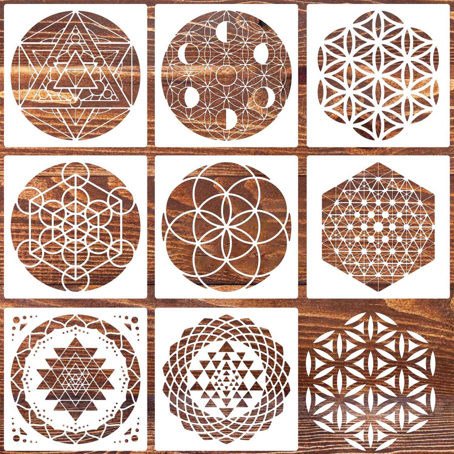 Sacred Geometry Stencil Set - 8x8 Inch Reusable Hexagon Mandala Stencils with Metatron's Cube & Flower of Life Templates for Wall Art, Canvas Painting, DIY Paper Crafts and Spiritual Decorations