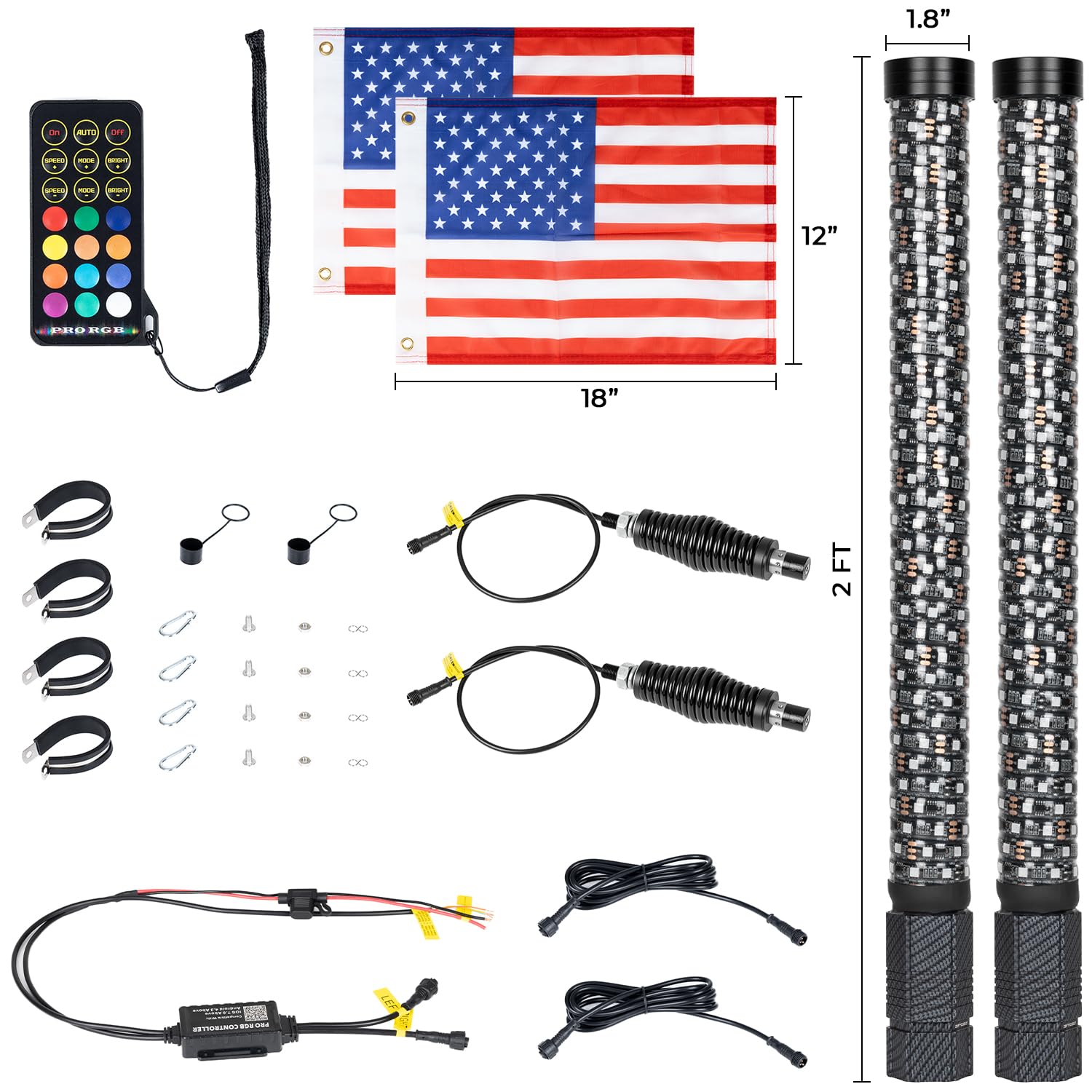 2Pcs 2FT LED Fat Whip Lights with Spring Base - 360° Spiral RGB Chasing Lighted Antenna for Cars, Trucks, ATVs & UTVs | App & Remote Control | Perfect for Off-Roading, Night Rides & Vehicle Customization