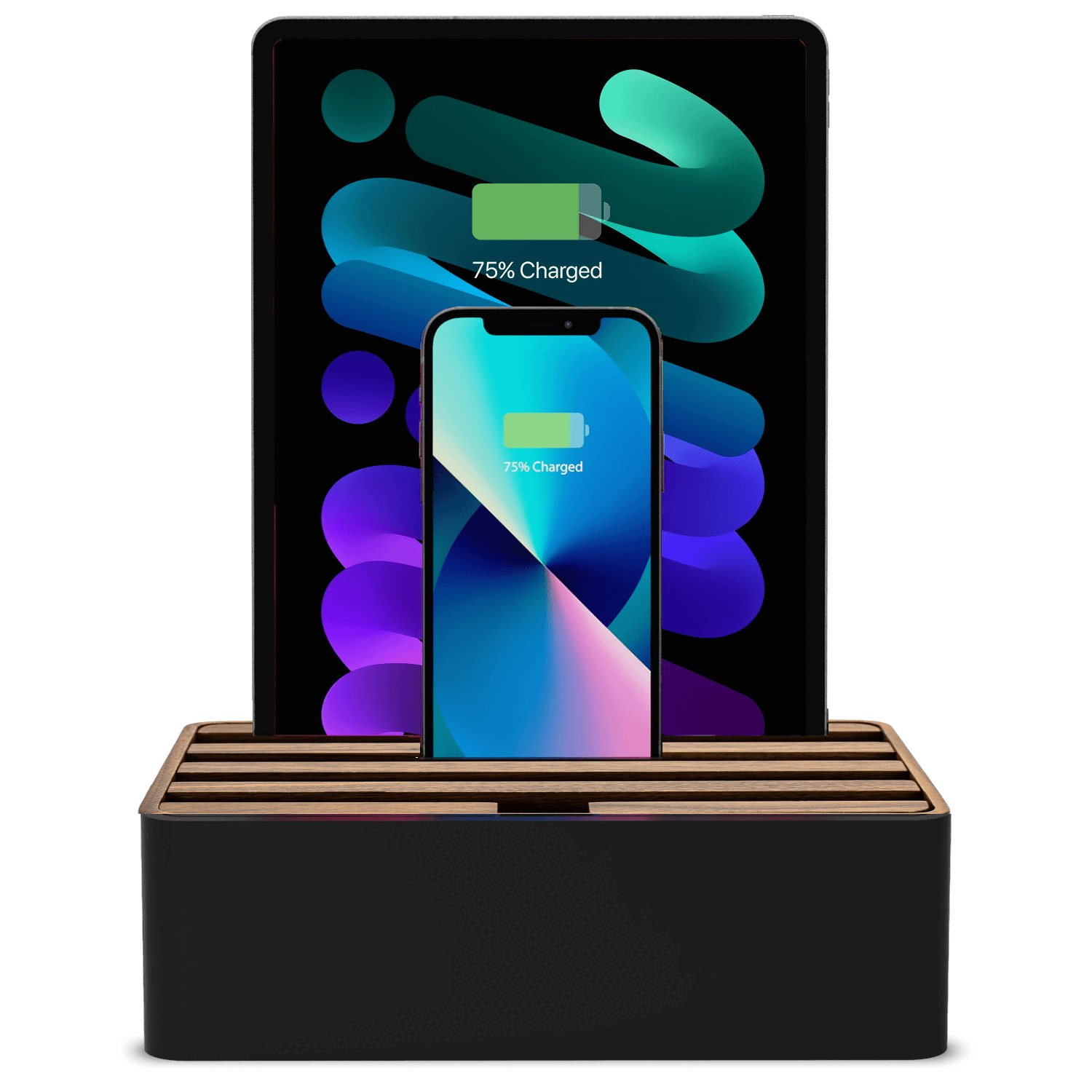 ALLDOCK Classic Black & Walnut Wood Charging Station - Premium Cable Management Organizer for Home & Office Desks