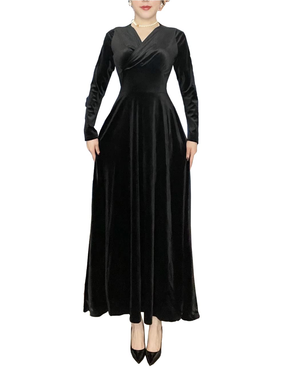 Elegant Women's V-Neck Velvet Long Dress for Evening Party, Prom, Wedding & Formal Events - Perfect for Dancing, Cocktail Parties & Special Occasions