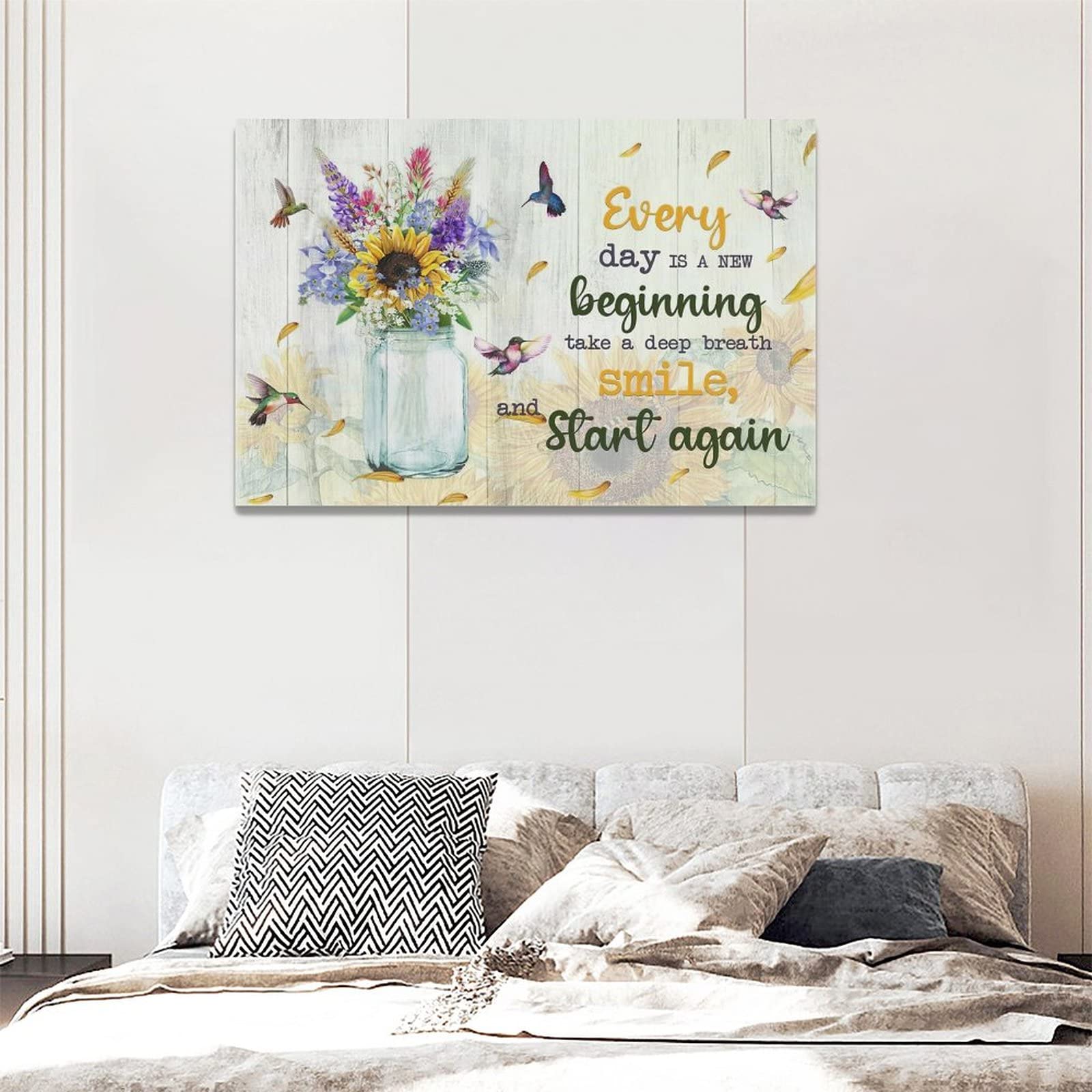 Rustic Sunflower & Hummingbirds Canvas Wall Art - 24x16 Inch Country Bathroom Decor with Inspirational Quotes, Modern Farmhouse Prints for Living Room, Bedroom, Bathroom - Perfect for Home, Office & Gift Giving