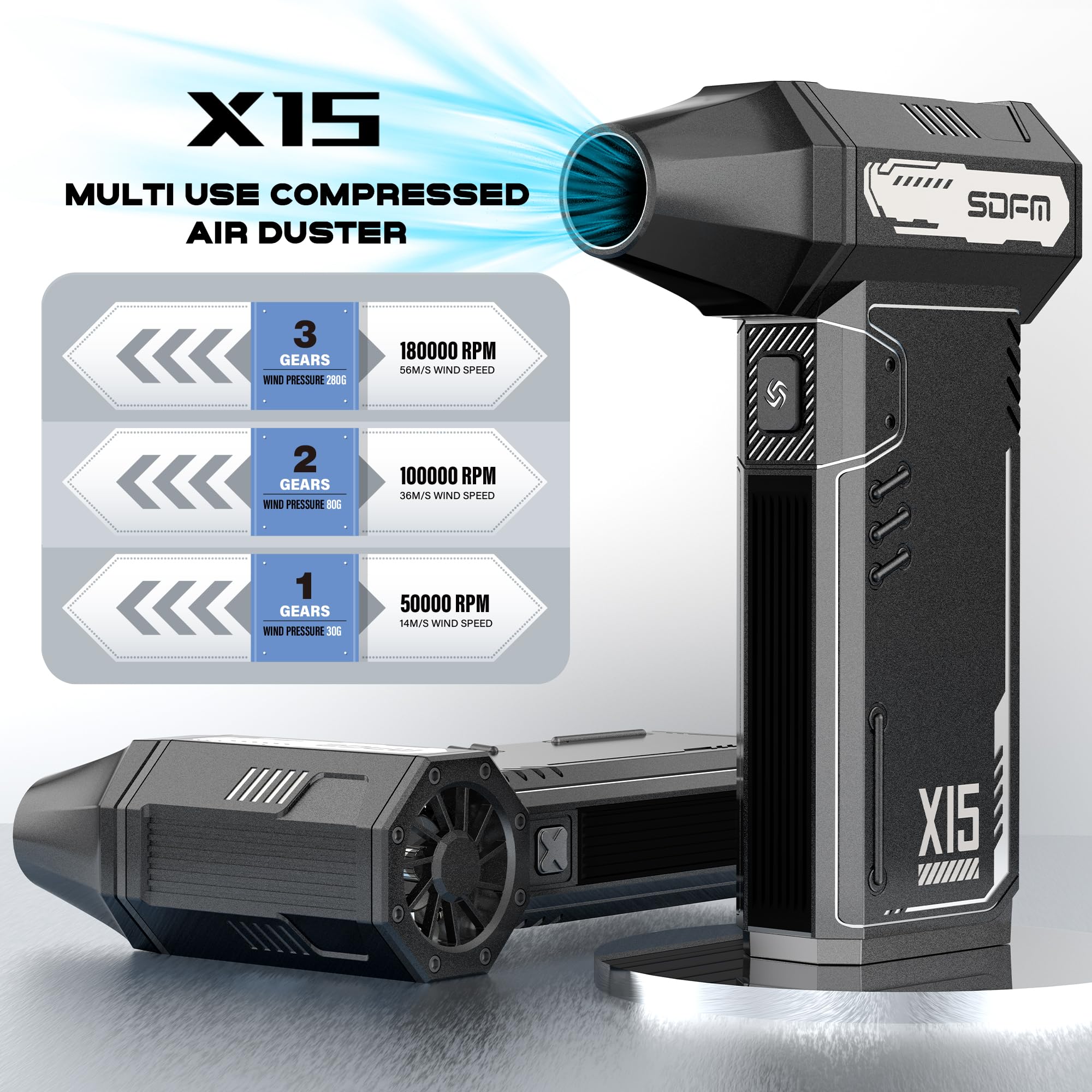 SDFM Electric Air Duster - 180,000 RPM High-Speed Compressed Air Blower with Brushless Motor, 3-Speed Adjustable - Perfect for Keyboard Cleaning, PC Maintenance, Car Detailing, Air Bed Inflation & Home Dusting (Black, Model X15) | Ideal for Electronics, Office Equipment & Household Cleaning Tasks