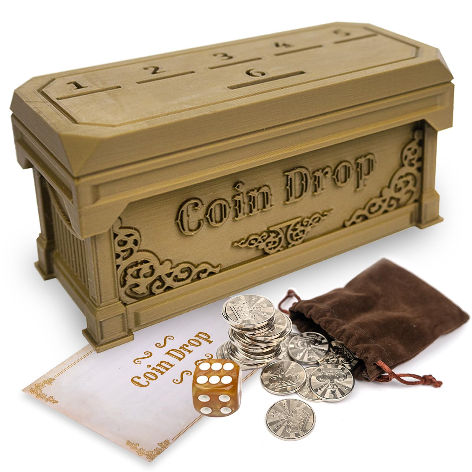 Coin Drop Game - Classic Board Game with 30 Metal Coins, Fancy Gift Box, Dice & Instructions | Fun Family Party Game for Kids & Adults | Perfect for Birthday Parties, Game Nights & Classroom Activities