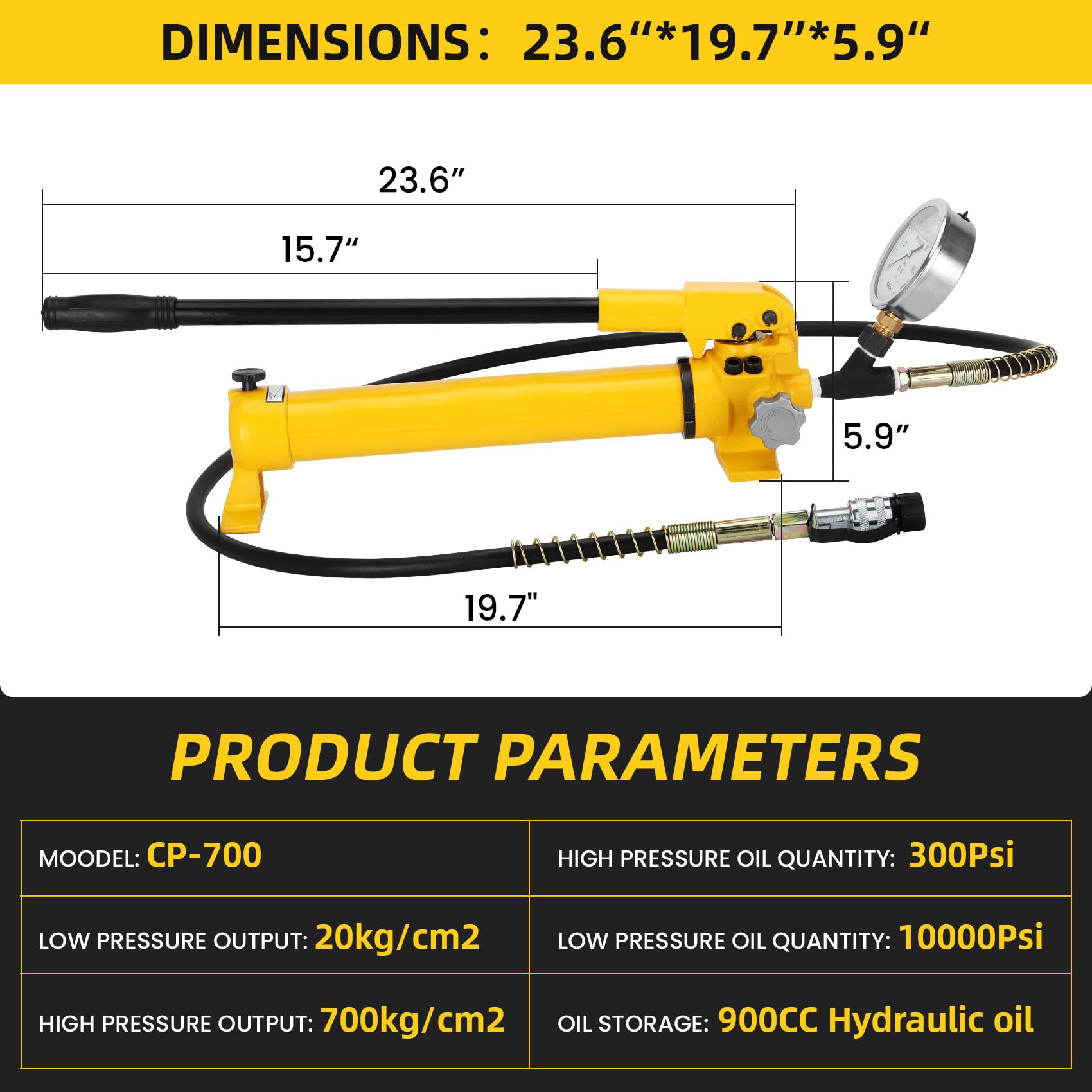 CP-700 Hydraulic Power Hand Pump - 2 Speed 900cc High Pressure Portable Hydraulic Pump (10000 PSI) with Pressure Oil Gauge - Ideal for Automotive Repair, Construction Equipment, and Industrial Hydraulic Systems