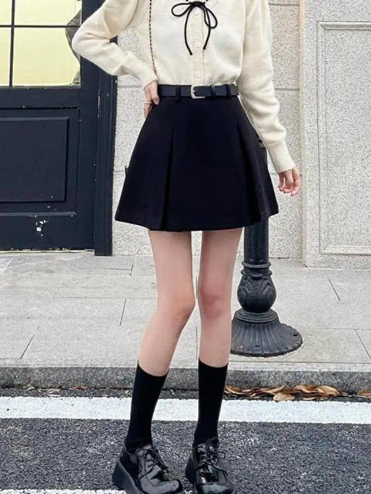 Women's Black Wool Mini Skirt - A-Line Wrap Hip Short Skirt for Autumn Winter | Korean Harajuku Fashion Thick Pleated Skirt | Perfect for Parties, Dating & Casual Outfits