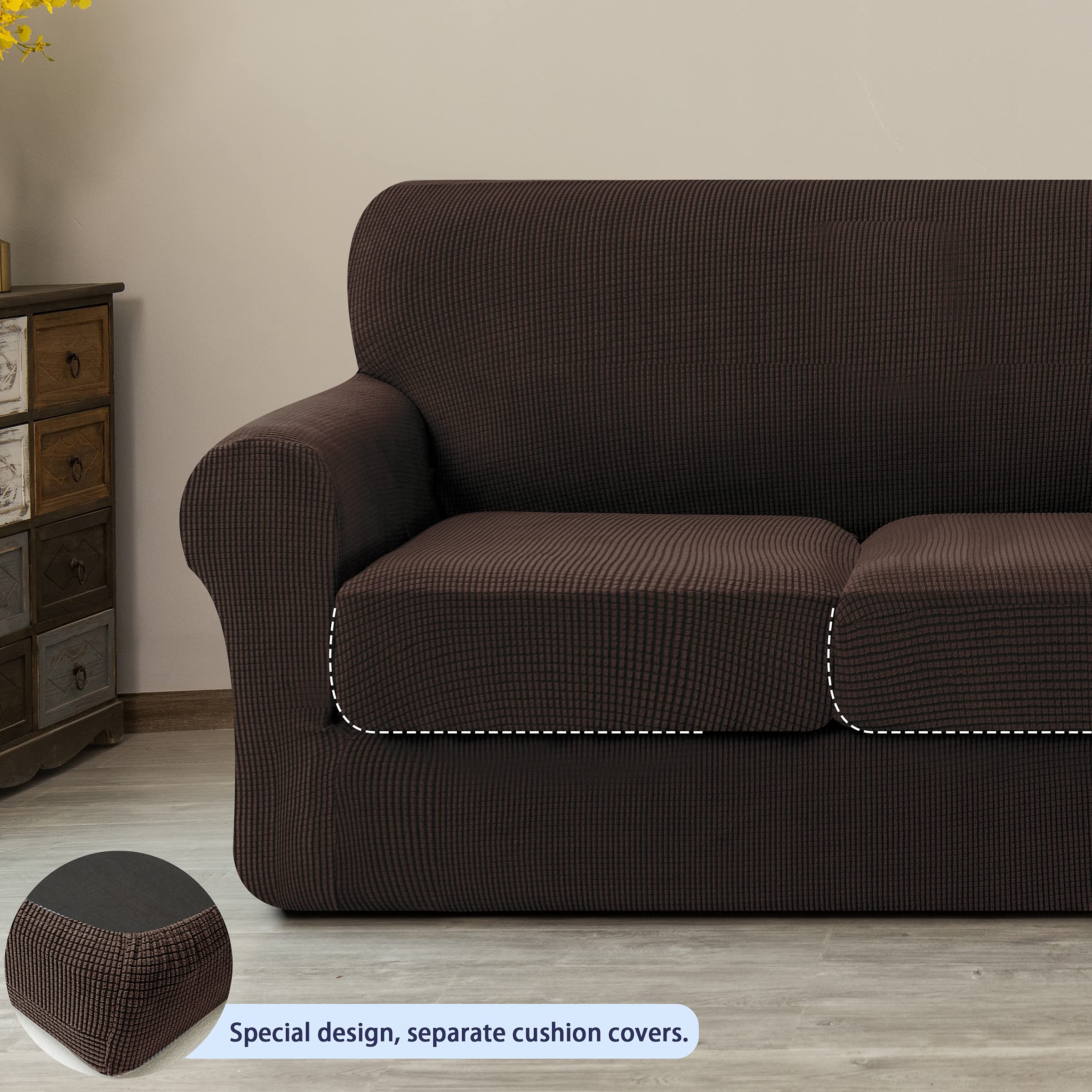 SUBRTEX Sofa Slipcover with Separate Cushion Covers - Stretchable 1-Seater & 3-Seater Couch Protector for Pets & Kids (Small/Large, Chocolate Brown) - Perfect for Living Room Furniture Protection & Home Decor