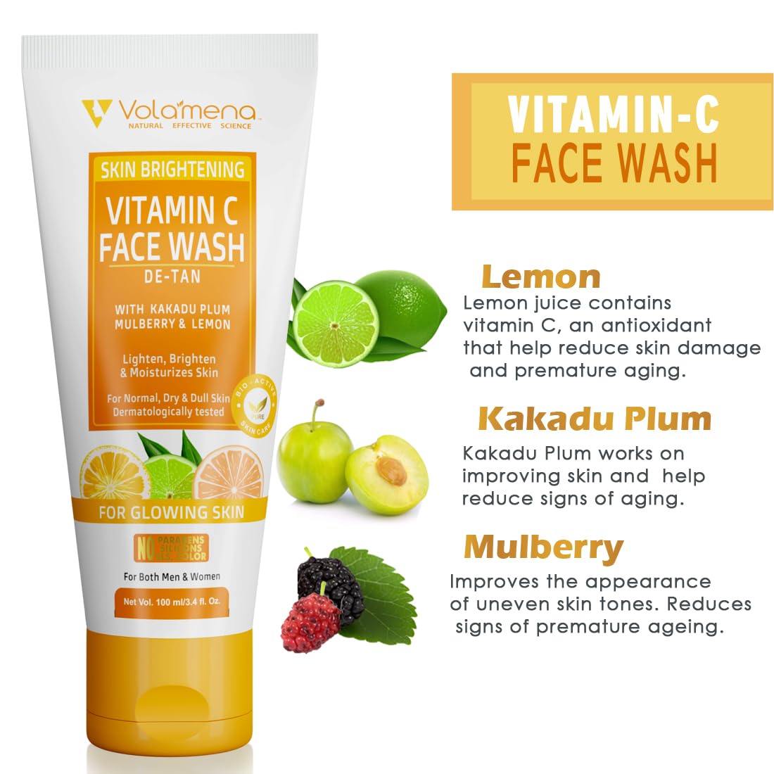 Volamena Vitamin C Face Wash with Orange Extract - Brightening & Glowing Skin Cleanser for Women & Men - 100ml - Perfect for Daily Skincare Routine & Acne-Prone Skin
