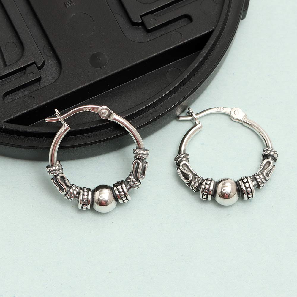 LeCalla 925 Sterling Silver Oxidized Balinese Hoop Earrings - Small Antique Bali Beaded Hoops for Women | Boho Chic Jewelry for Everyday Wear & Special Occasions