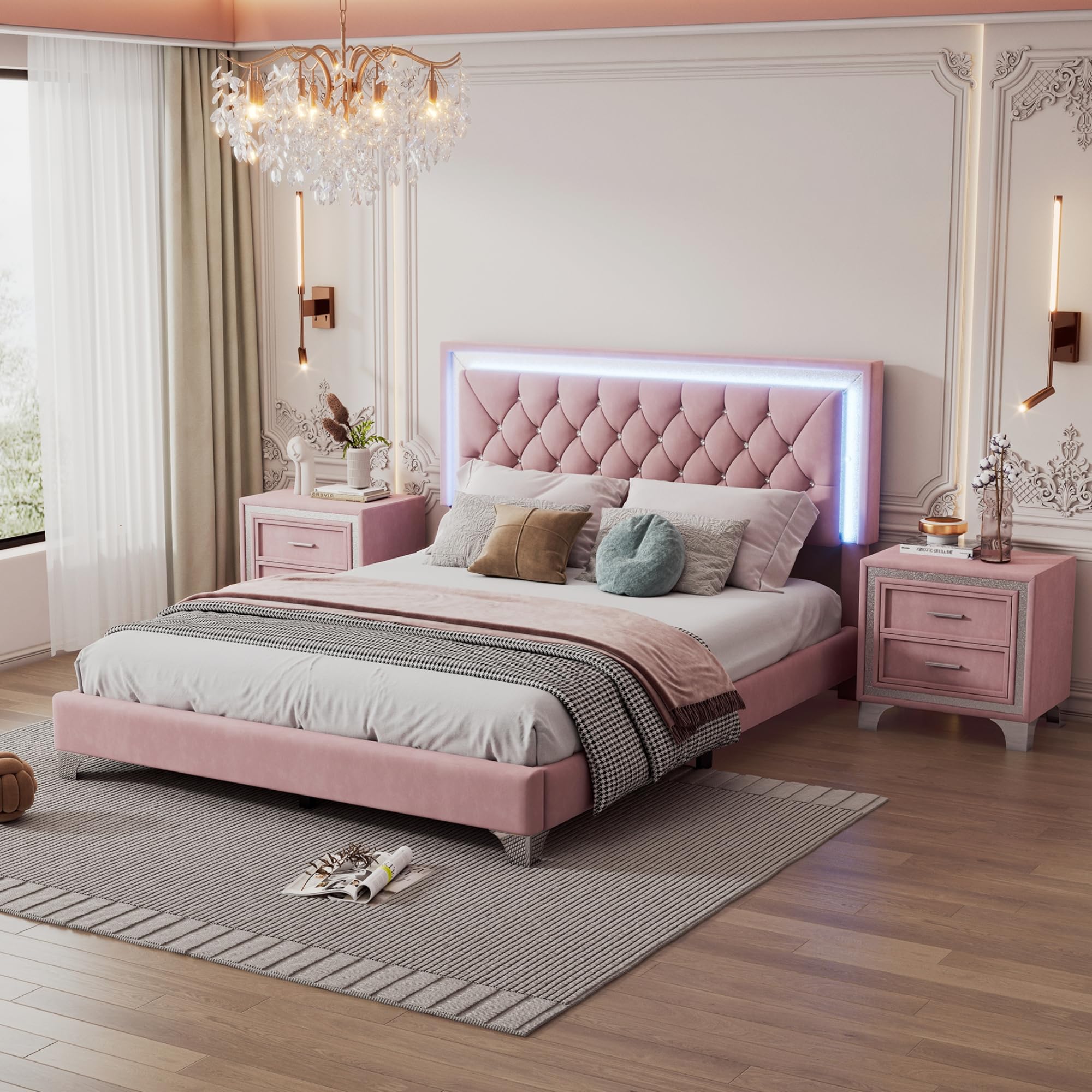 3-Piece Queen Size Upholstered Platform Bed Set with LED Lights & Nightstands - Pink Bedroom Furniture for Modern Master Suite & Guest Room Decor