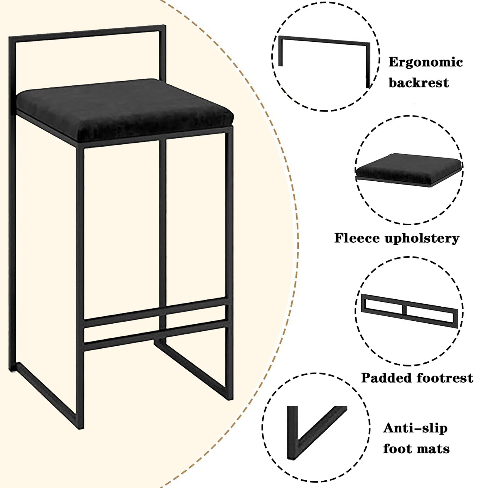 2-Pack 25.5 Inch Black Bar Stools with Metal Frame & Footrest - Counter Height Kitchen Stools for Breakfast Bar, Dining, Home Decor & Small Spaces
