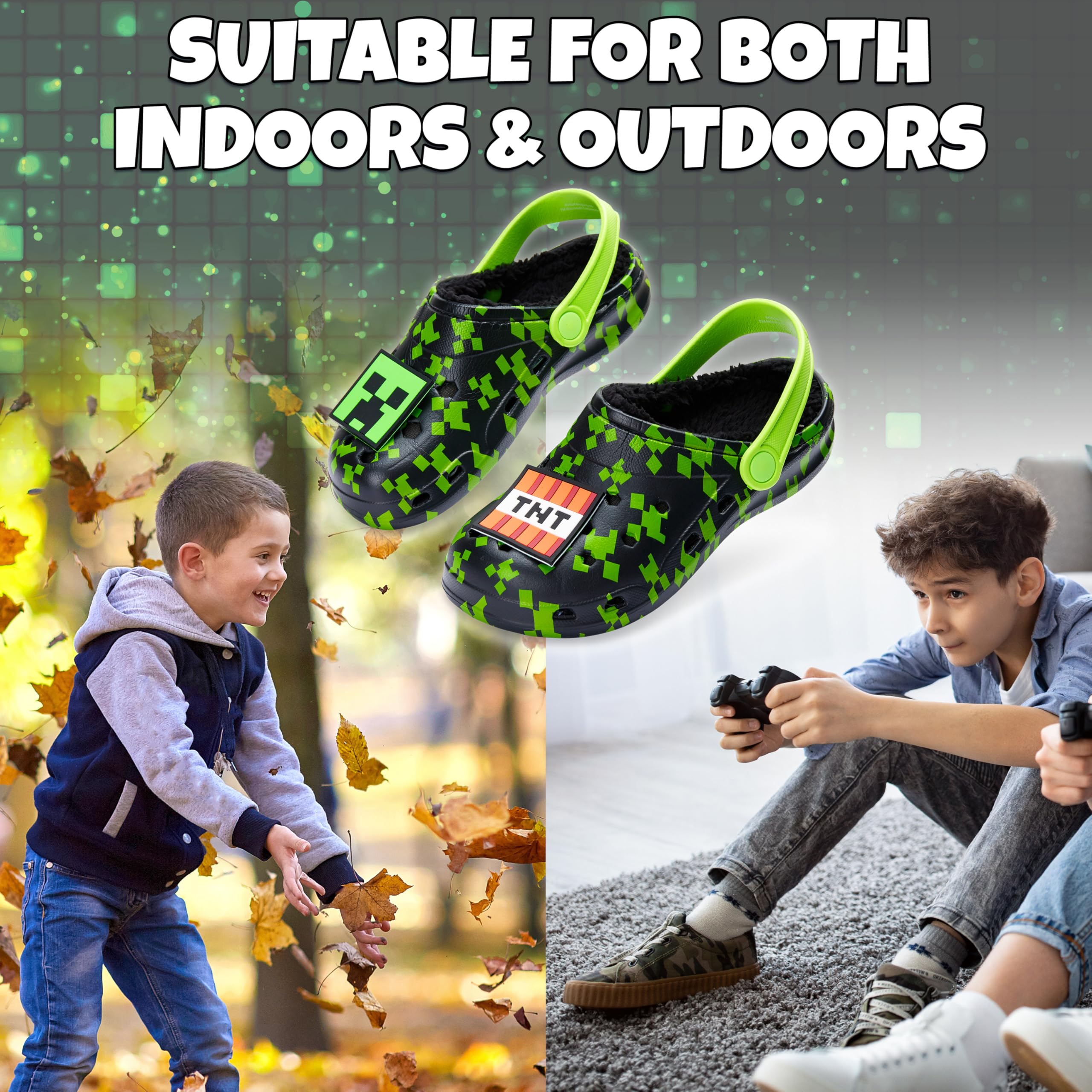**Minecraft Boys Winter Clogs with Fleece Lining & Charms - Warm & Cozy House Slippers for Kids - Perfect Gift for Boys & Gamers - Great for Indoor & Outdoor Wear**